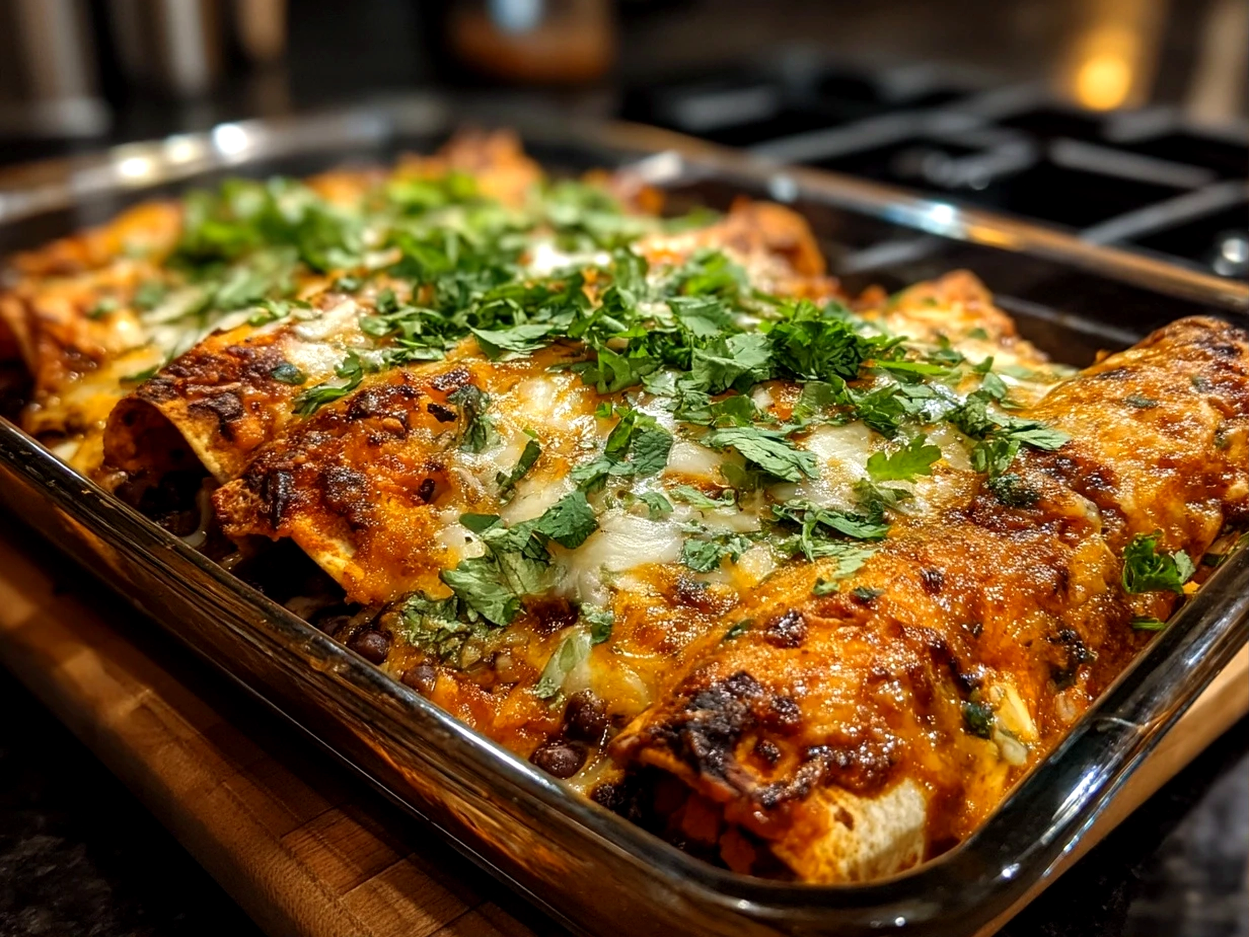 Close up of finished sweet potato black bean enchiladas, a hearty and comforting vegetarian Mexican dish