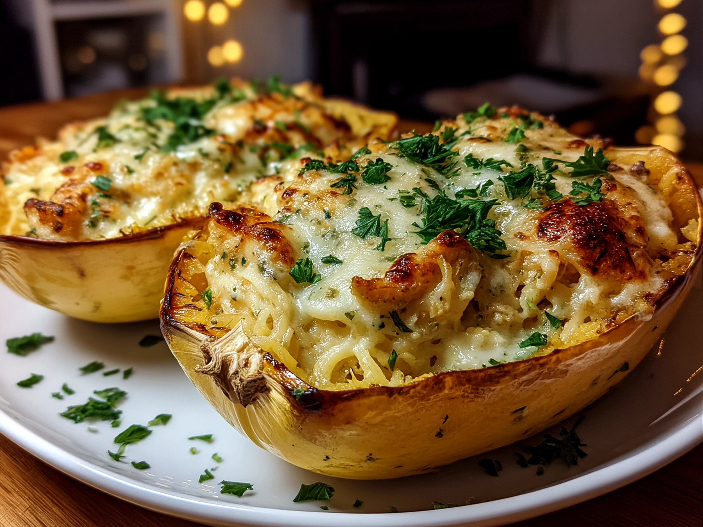 Close-up of finished comforting Spaghetti Squash Alfredo Boats garnished with fresh parsley and melted cheese.