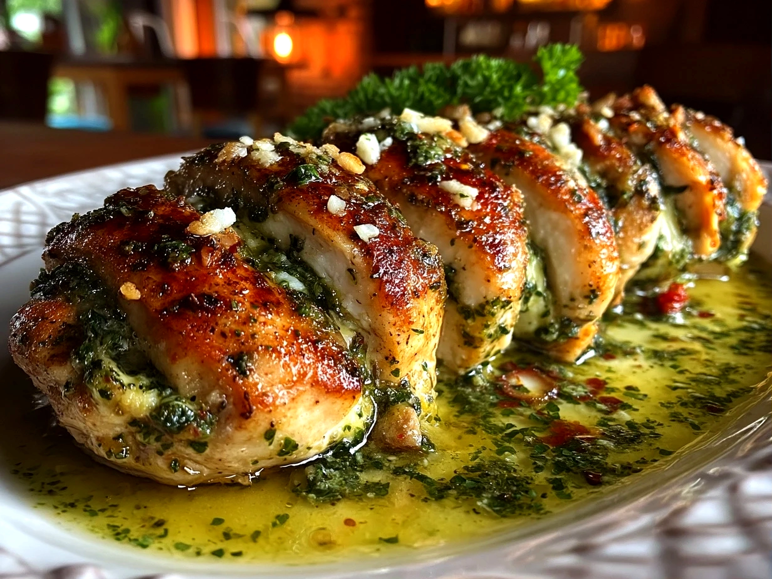 Close-up of a finished plate of comforting pesto stuffed chicken, golden and inviting