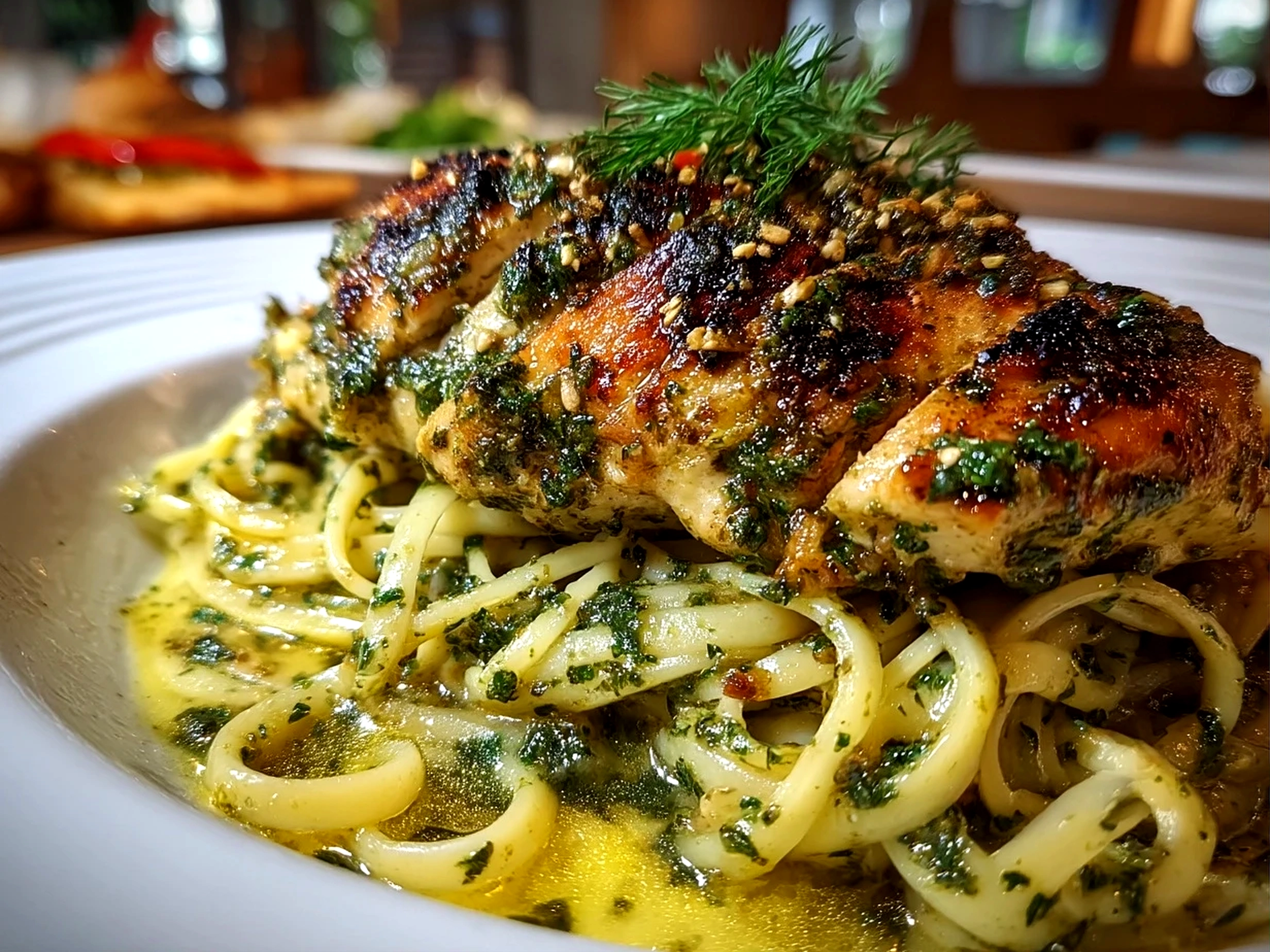 Finished delicious pesto chicken plated warmly in a kitchen setting.