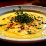 Beautiful roasted parsnip soup with thyme in white bowl