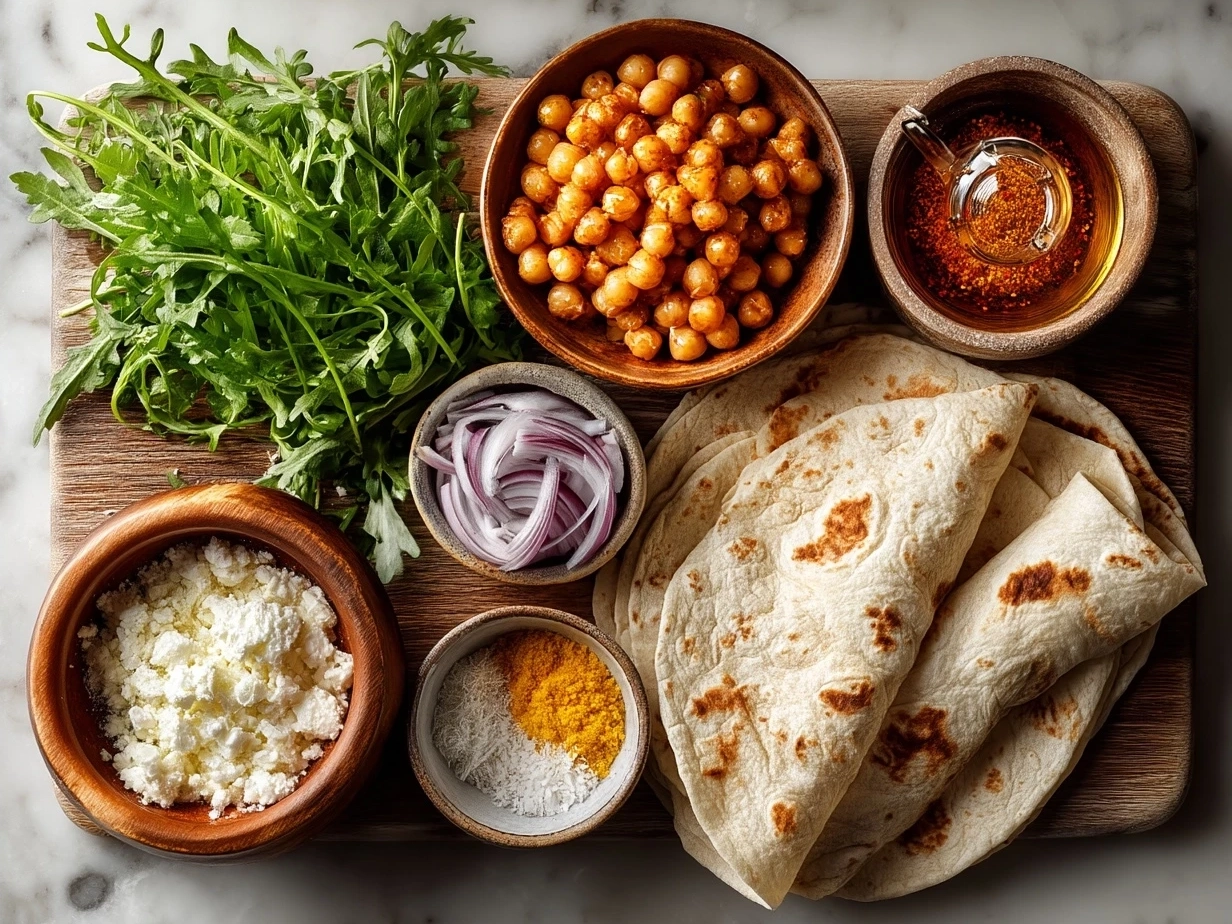 Ingredients for Buffalo Chickpea Wraps including chickpeas, buffalo sauce, olive oil, spices, wraps, lettuce, carrots, and dressing