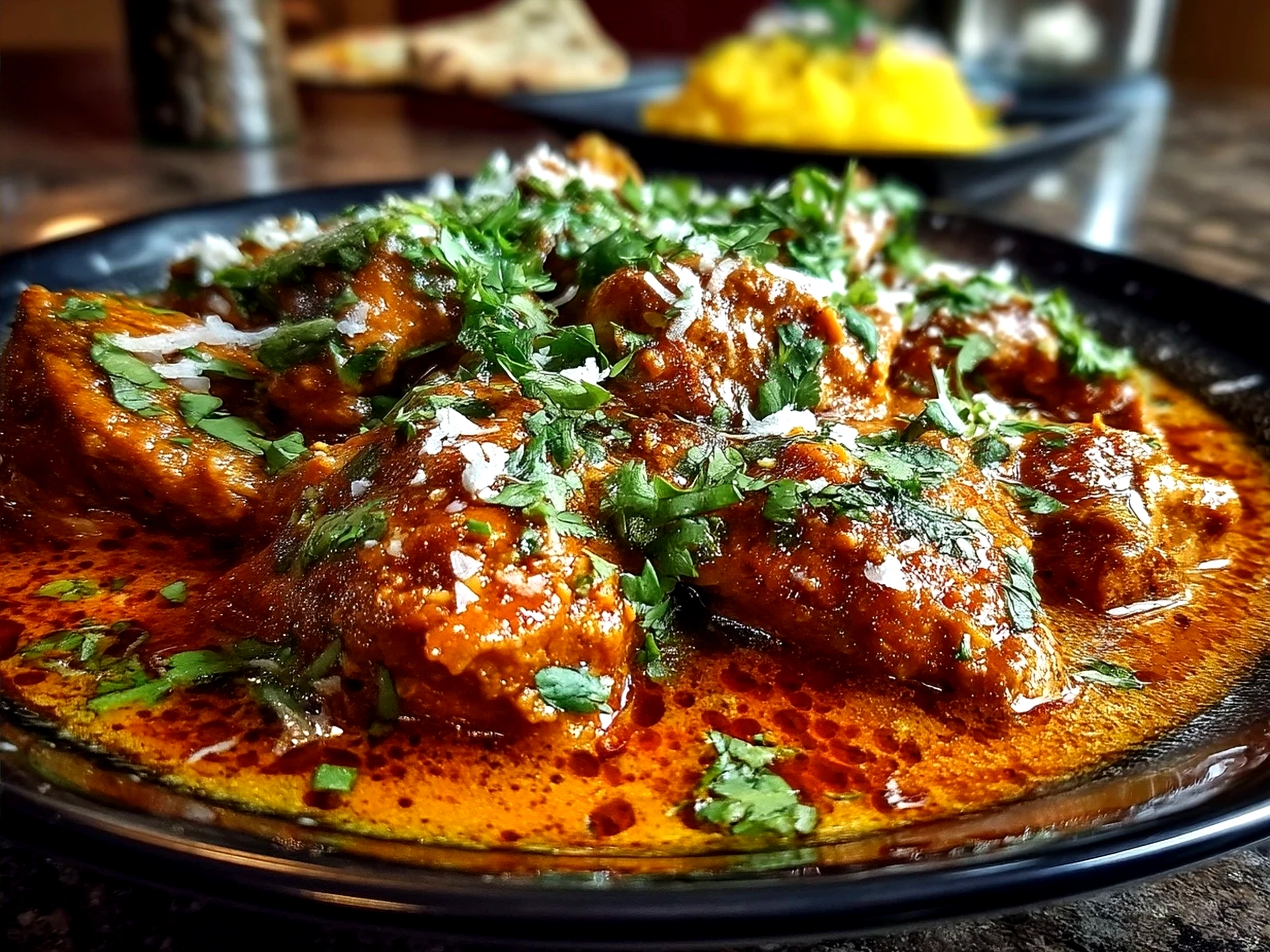 A serving of butter chicken curry garnished with fresh cilantro, accompanied by rice and naan bread