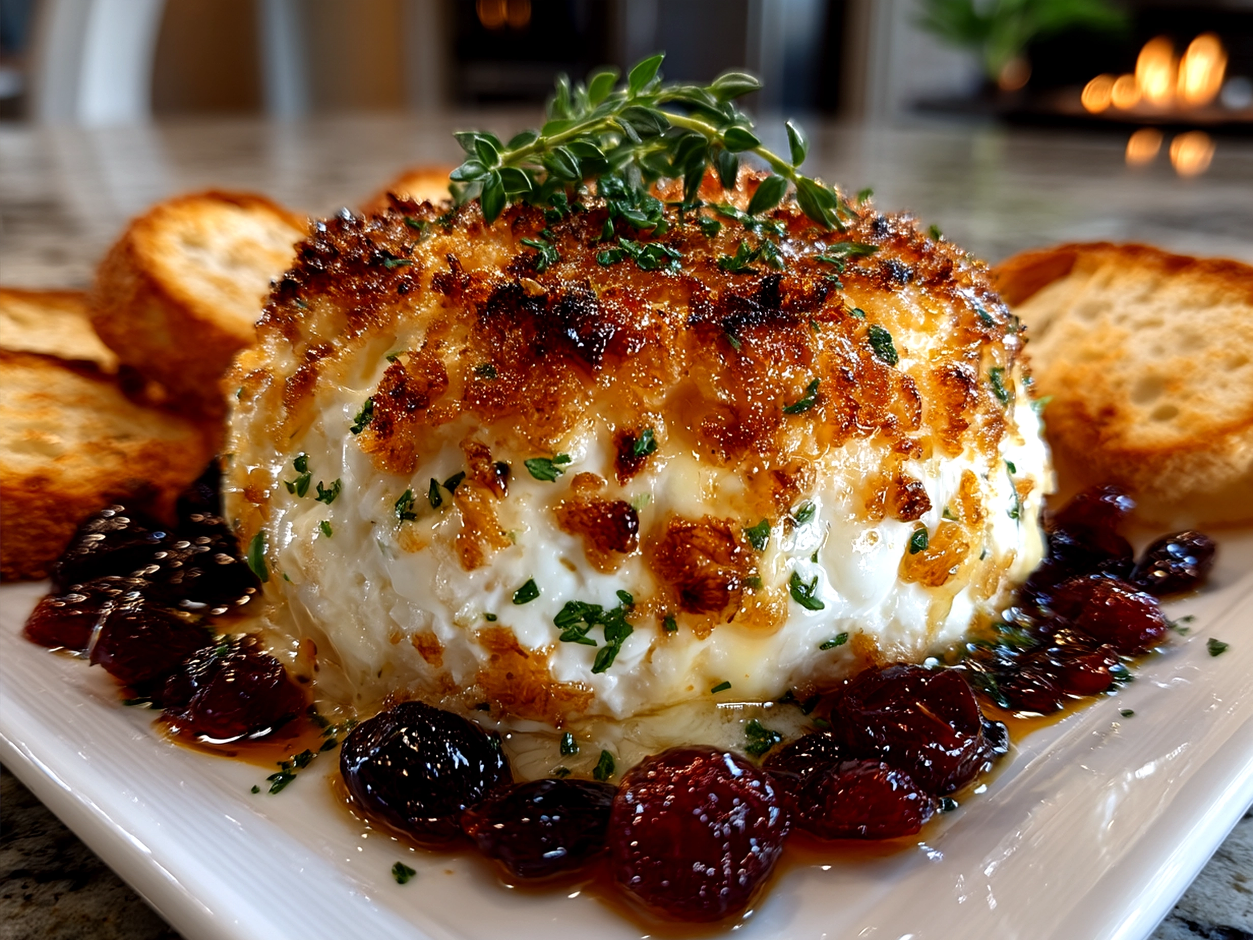 Cheese ball served with crackers and herbs on a wooden plate