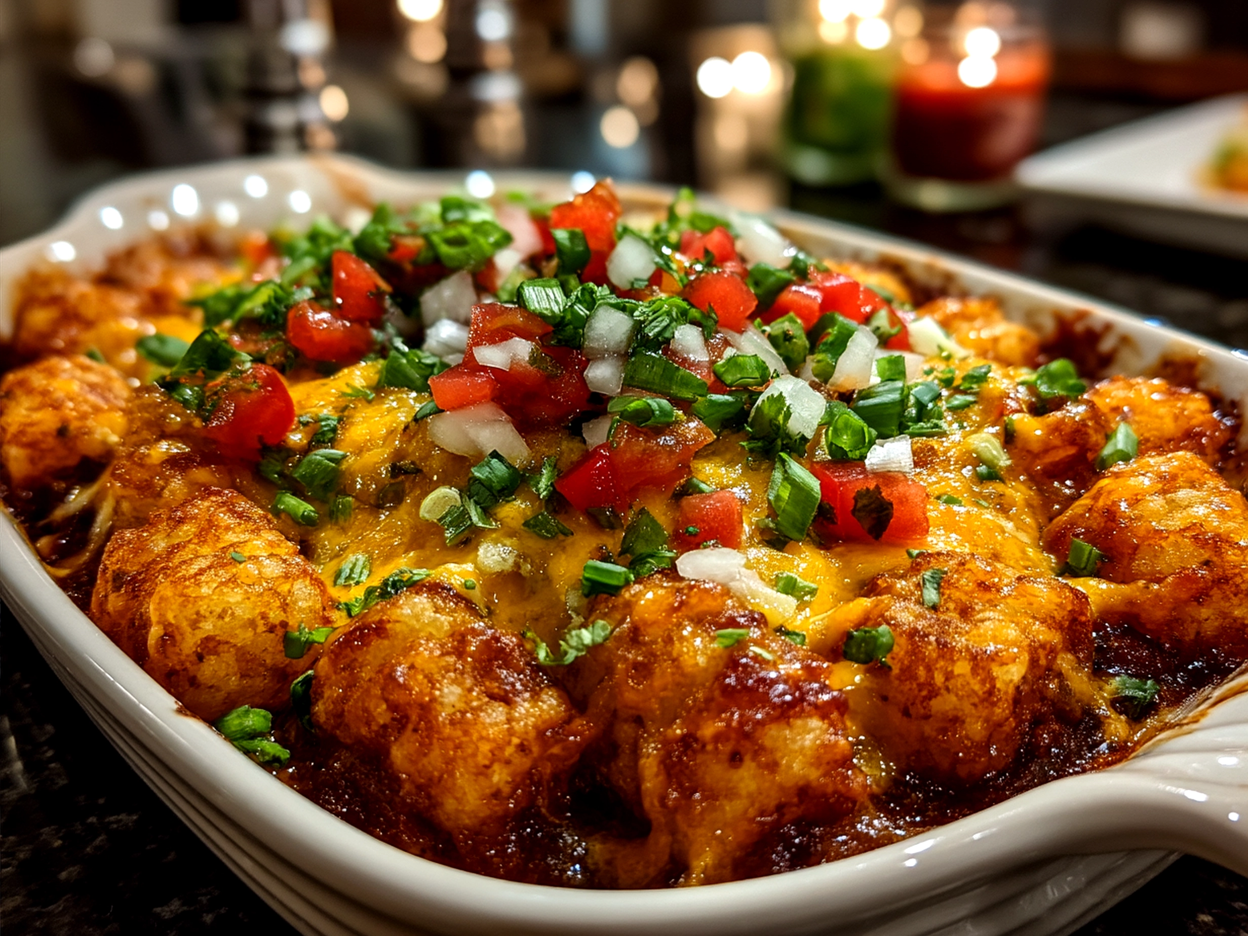 A freshly baked Cheesy Taco Tater Tot Bake served on a warm, inviting table setting