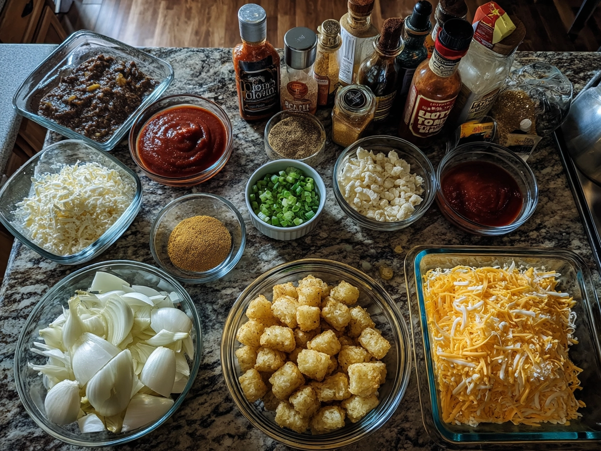 Ingredients for Cheesy Taco Tater Tot Bake arranged on a kitchen counter