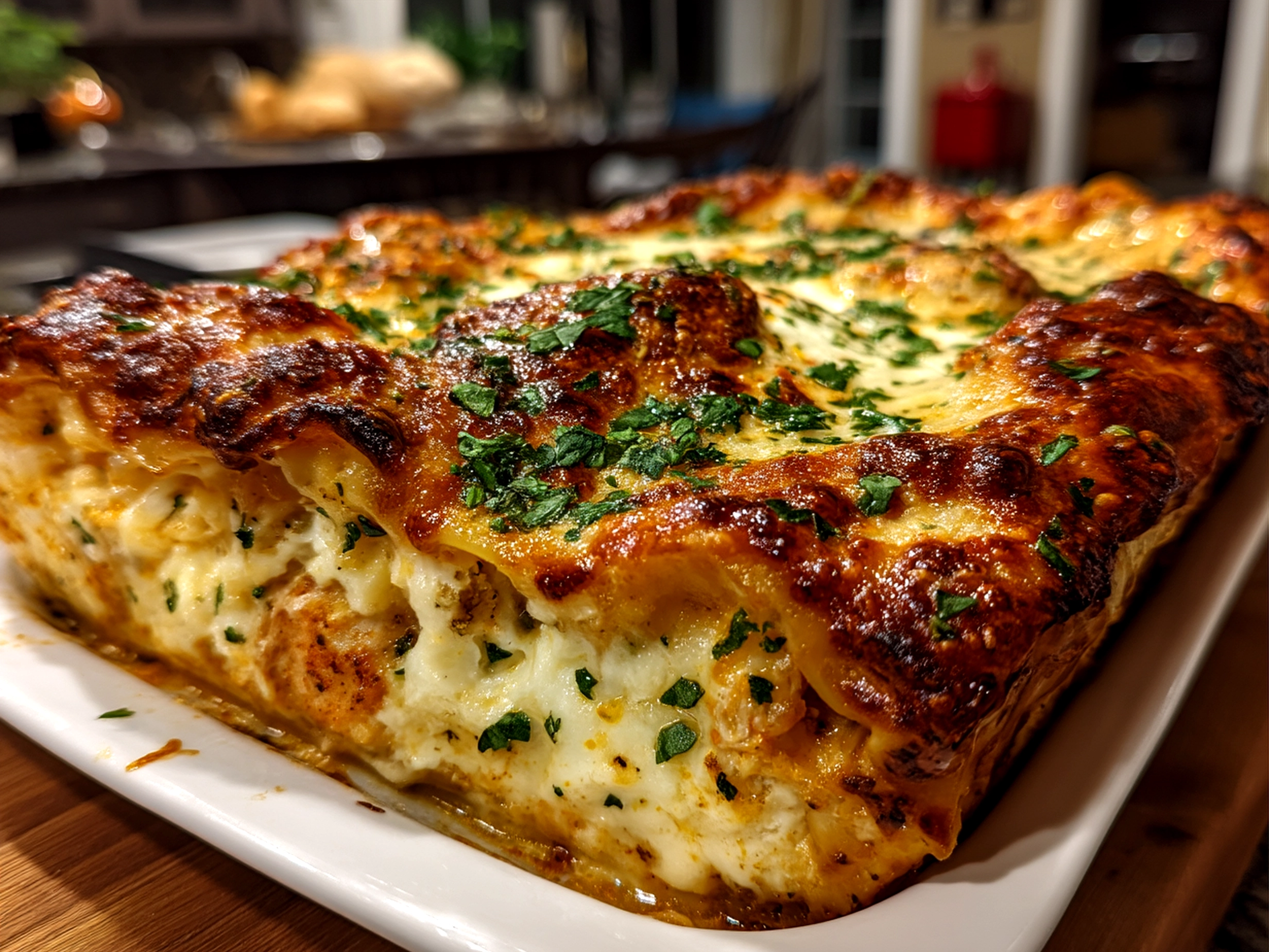 Finished Chicken Lasagna Bake ready to serve with golden bubbling cheese topping