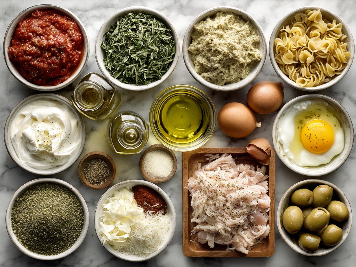Ingredients laid out for making Chicken Lasagna Bake including ricotta, shredded chicken, noodles, cheeses, and herbs