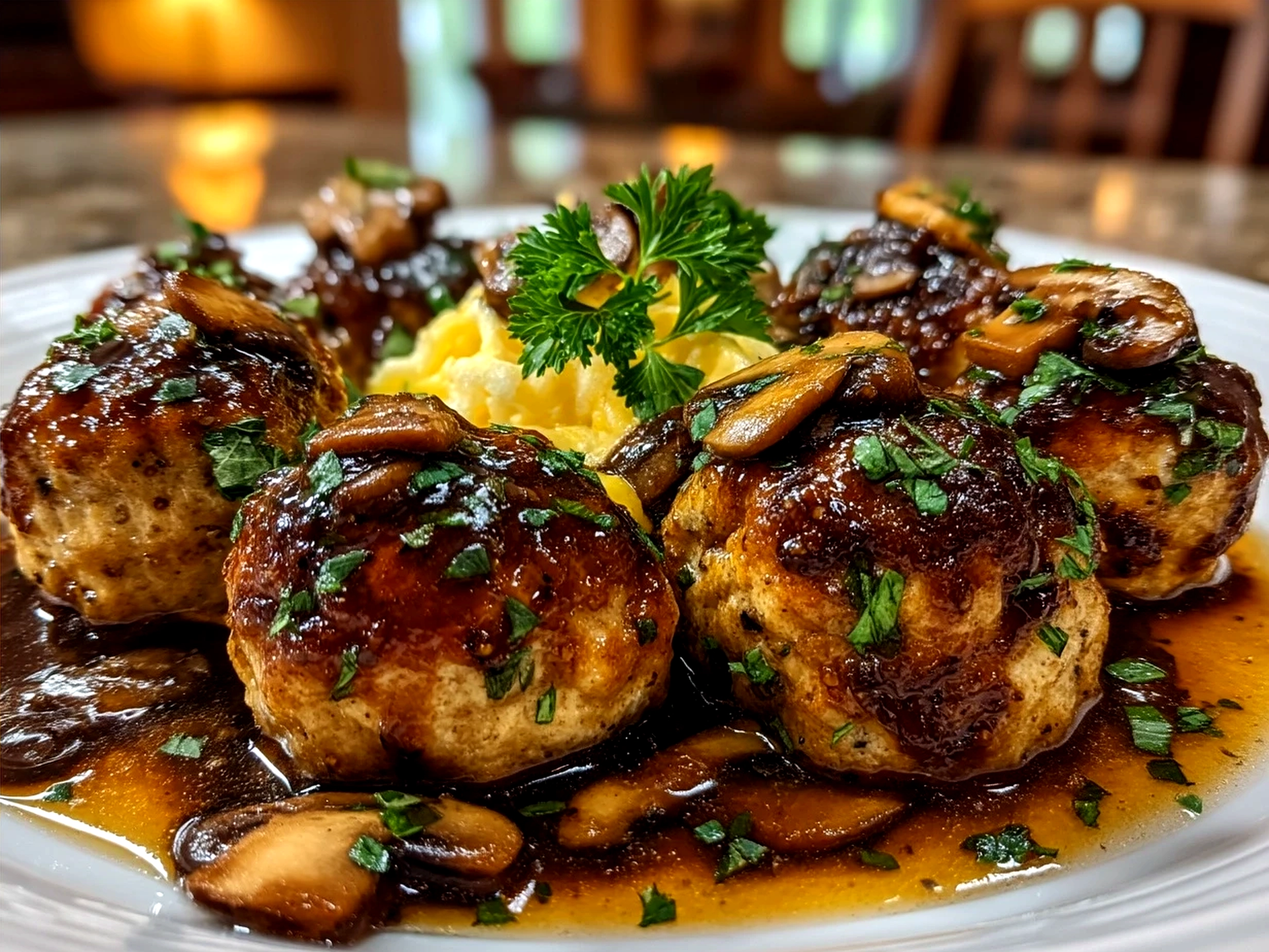 Chicken Marsala Meatballs served over creamy mashed potatoes with mushroom gravy