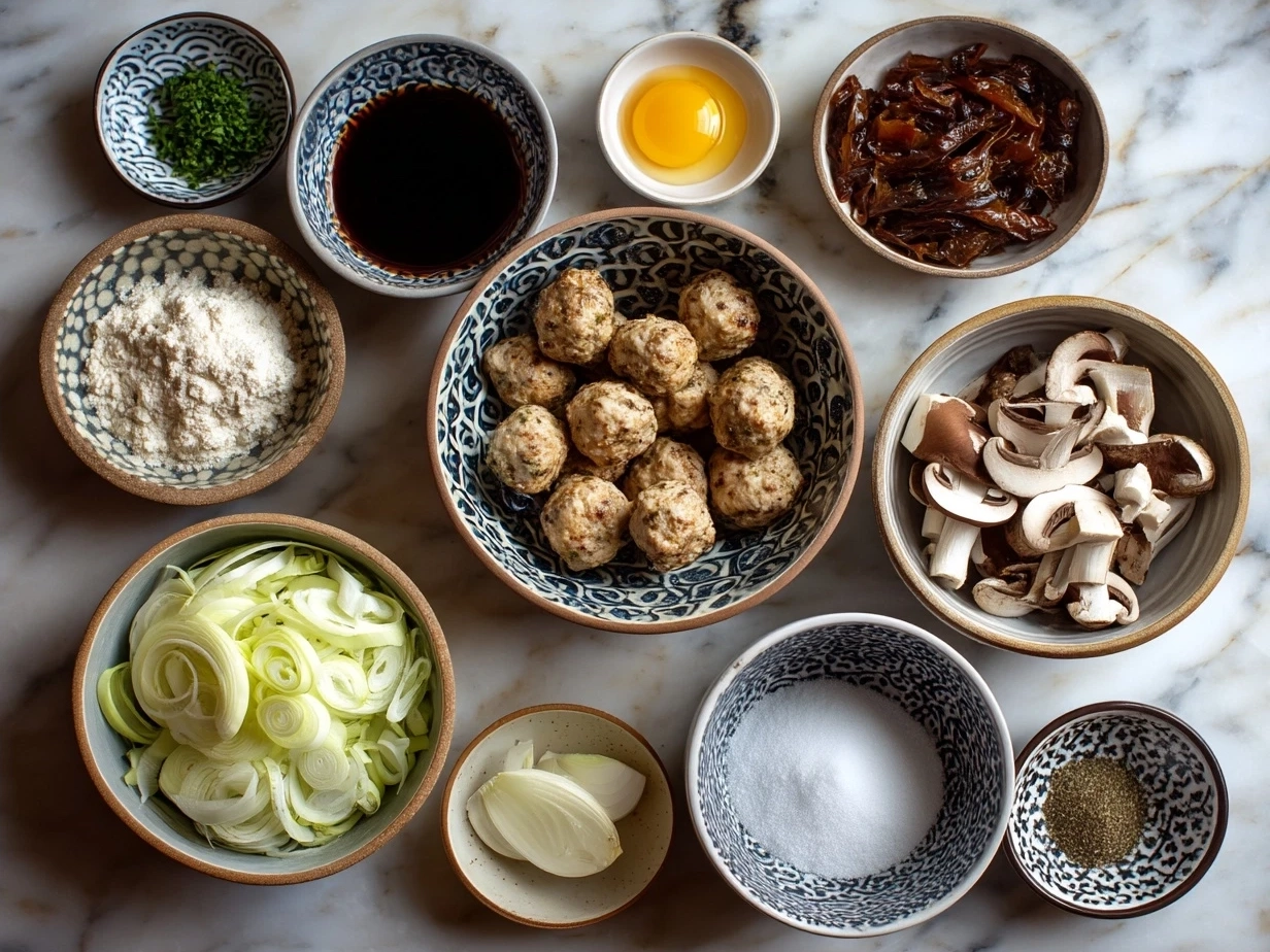 Ingredients for Chicken Marsala Meatballs laid out on a kitchen surface