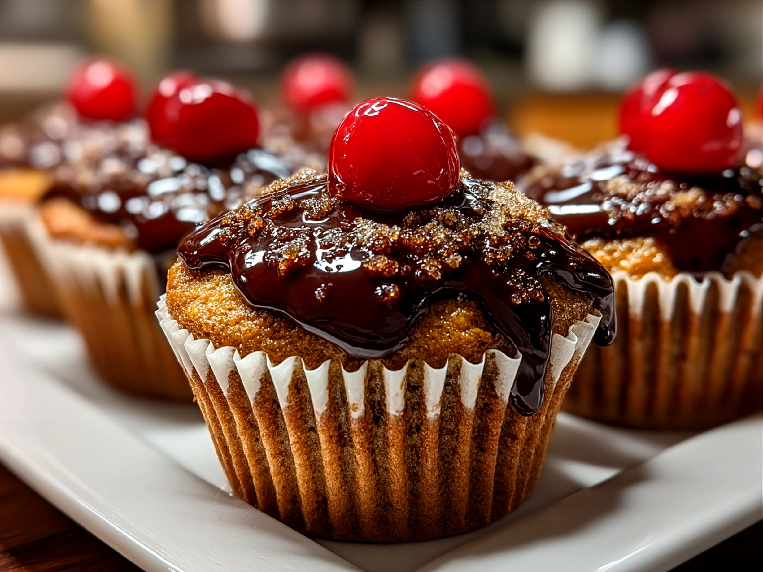 Served Chocolate Covered Cherry Cupcakes with cherry garnish