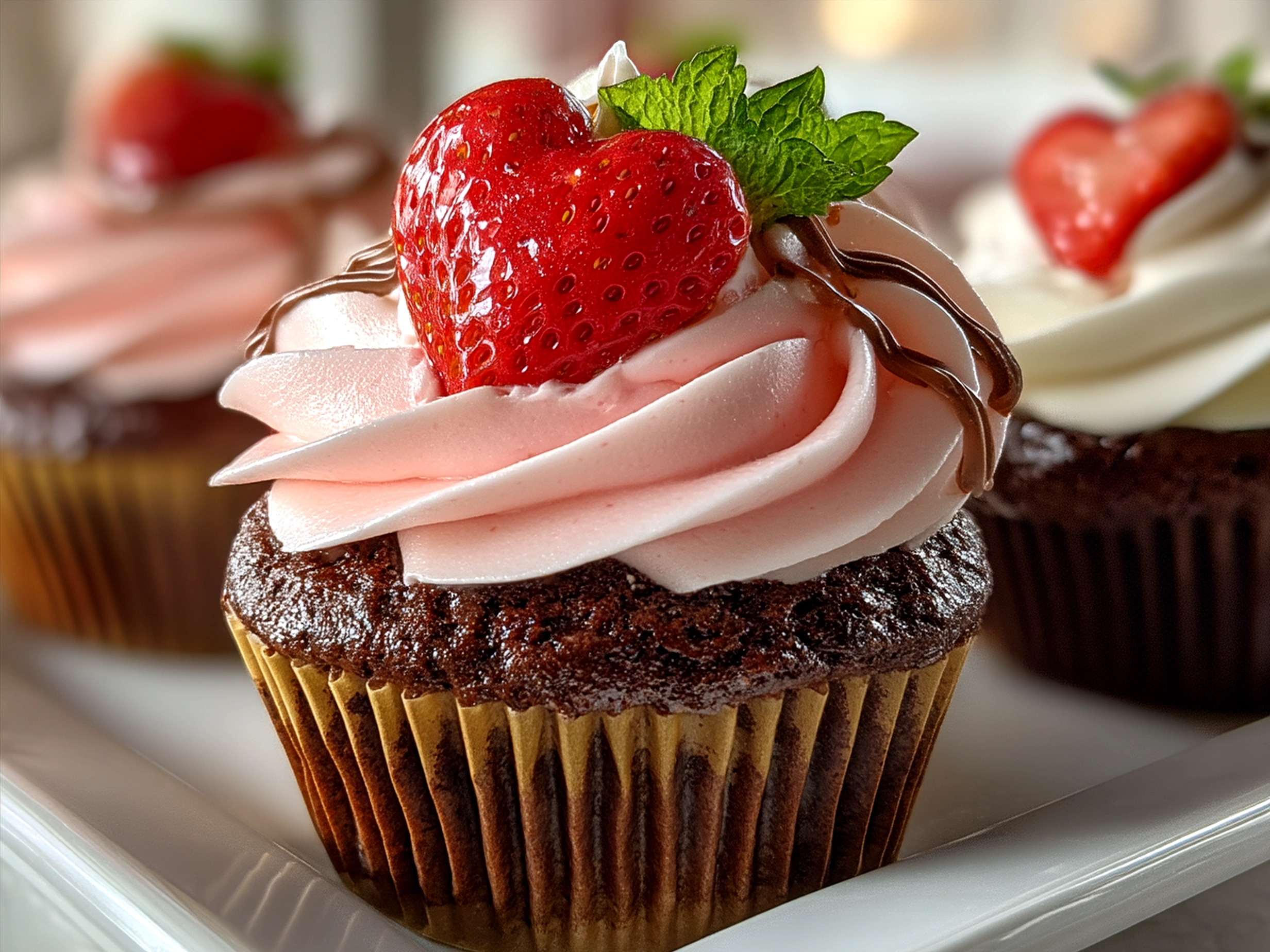 Plate of finished Chocolate Strawberry Heart Cupcakes with heart-shaped decorations and pink frosting