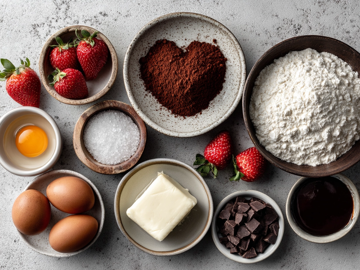 Ingredients for Chocolate Strawberry Heart Cupcakes including flour, cocoa powder, sugar, and fresh strawberries