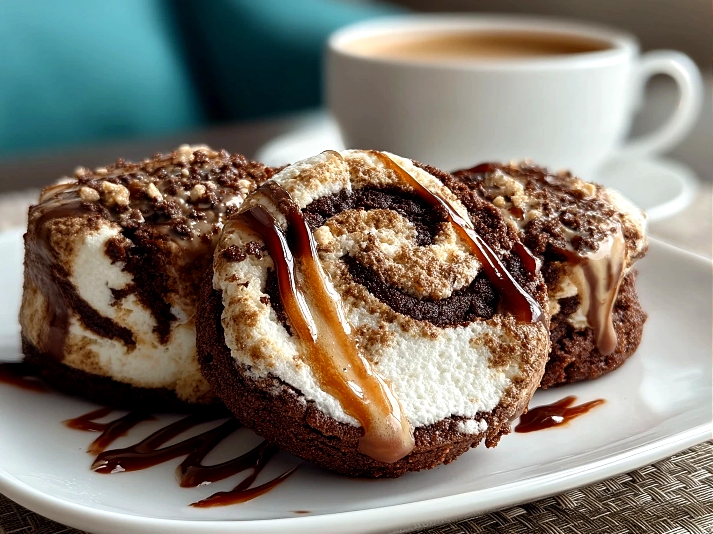 Close up of finished Chocolate Marshmallow Swirl Cookies showing gooey marshmallow pockets and chocolate chips