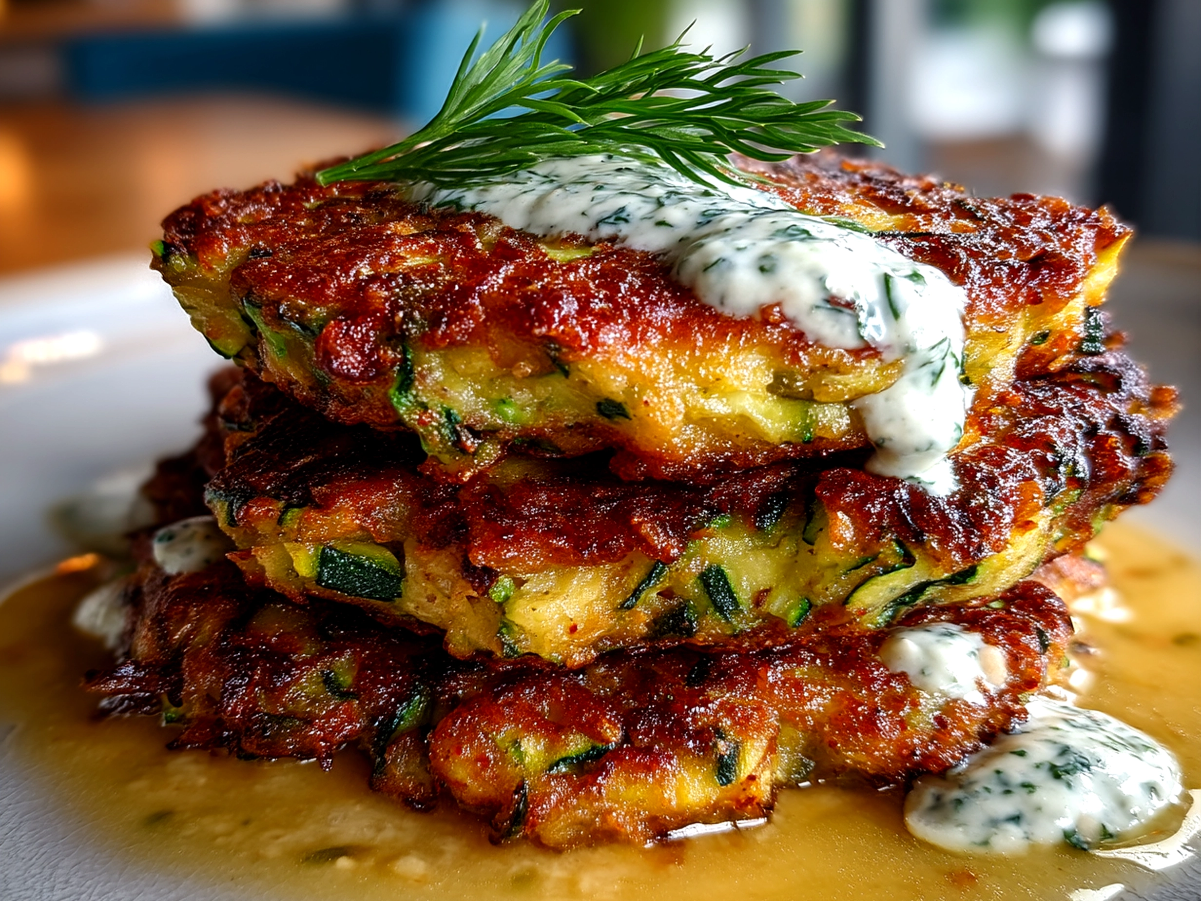 Close up of finished zucchini fritter stack with creamy yogurt sauce