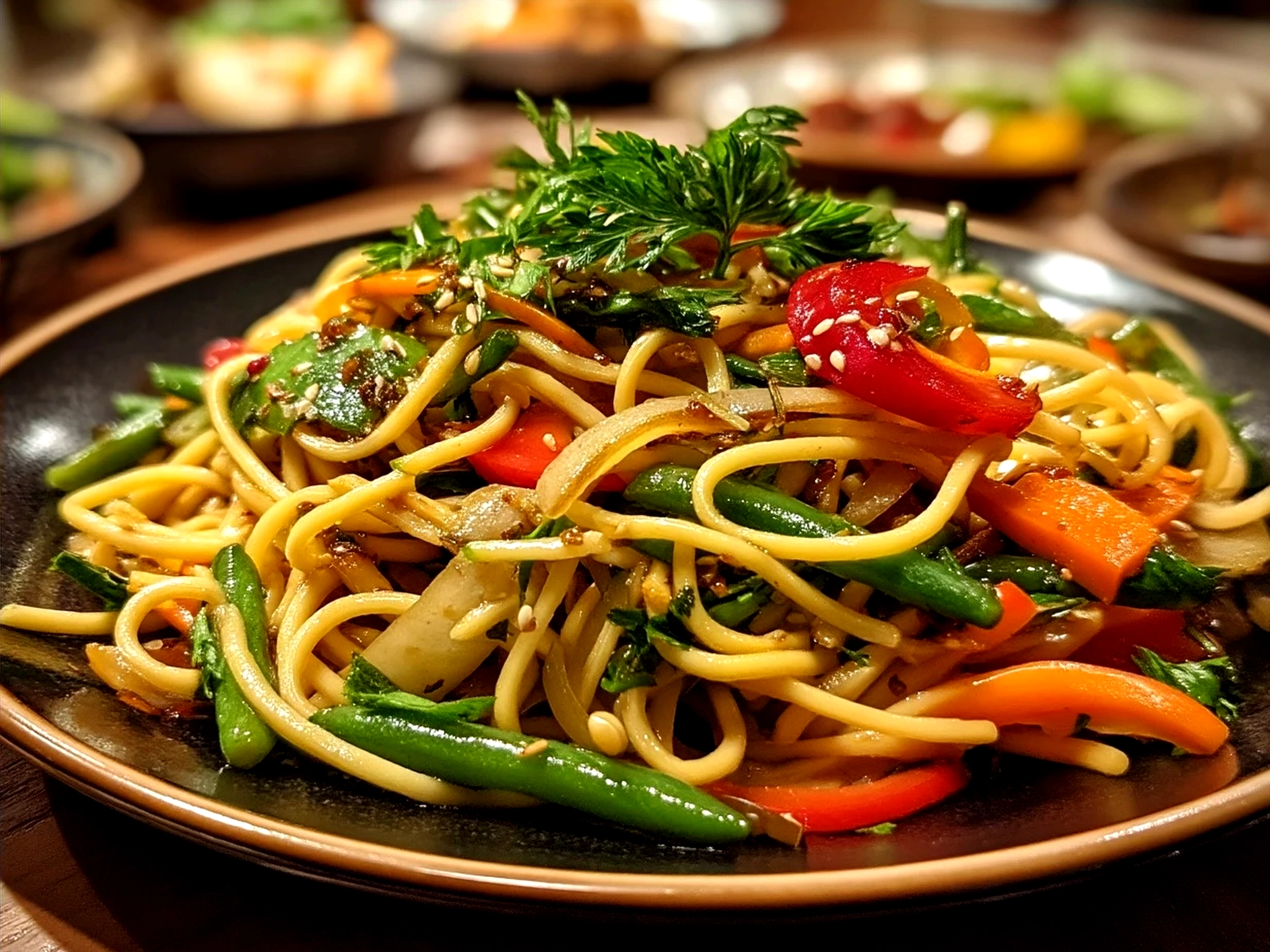 Served Cold Sesame Noodles in a bowl garnished with scallions and fresh vegetables, ready to eat