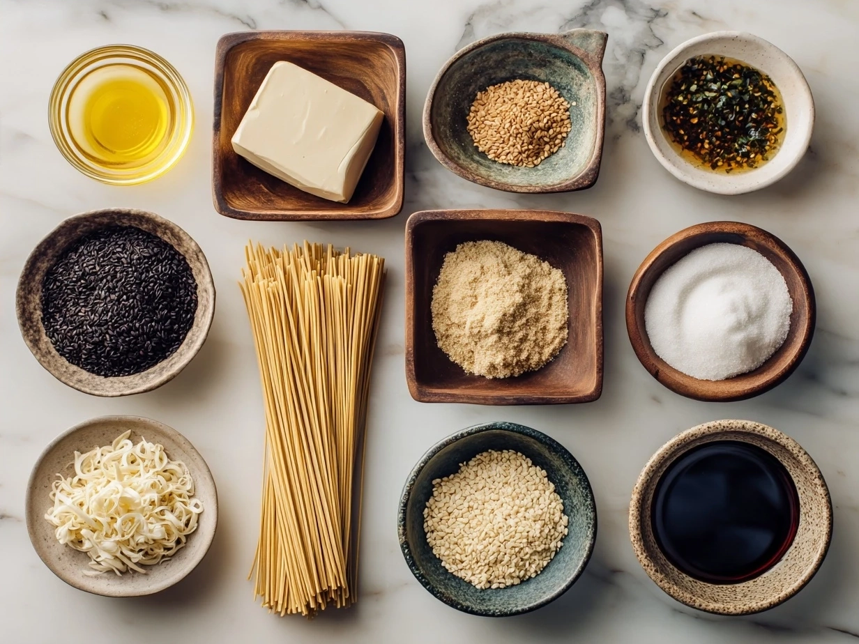 Ingredients for Cold Sesame Noodles laid out including whole wheat or soba noodles, tahini, soy sauce, garlic, ginger, scallions, and fresh vegetables