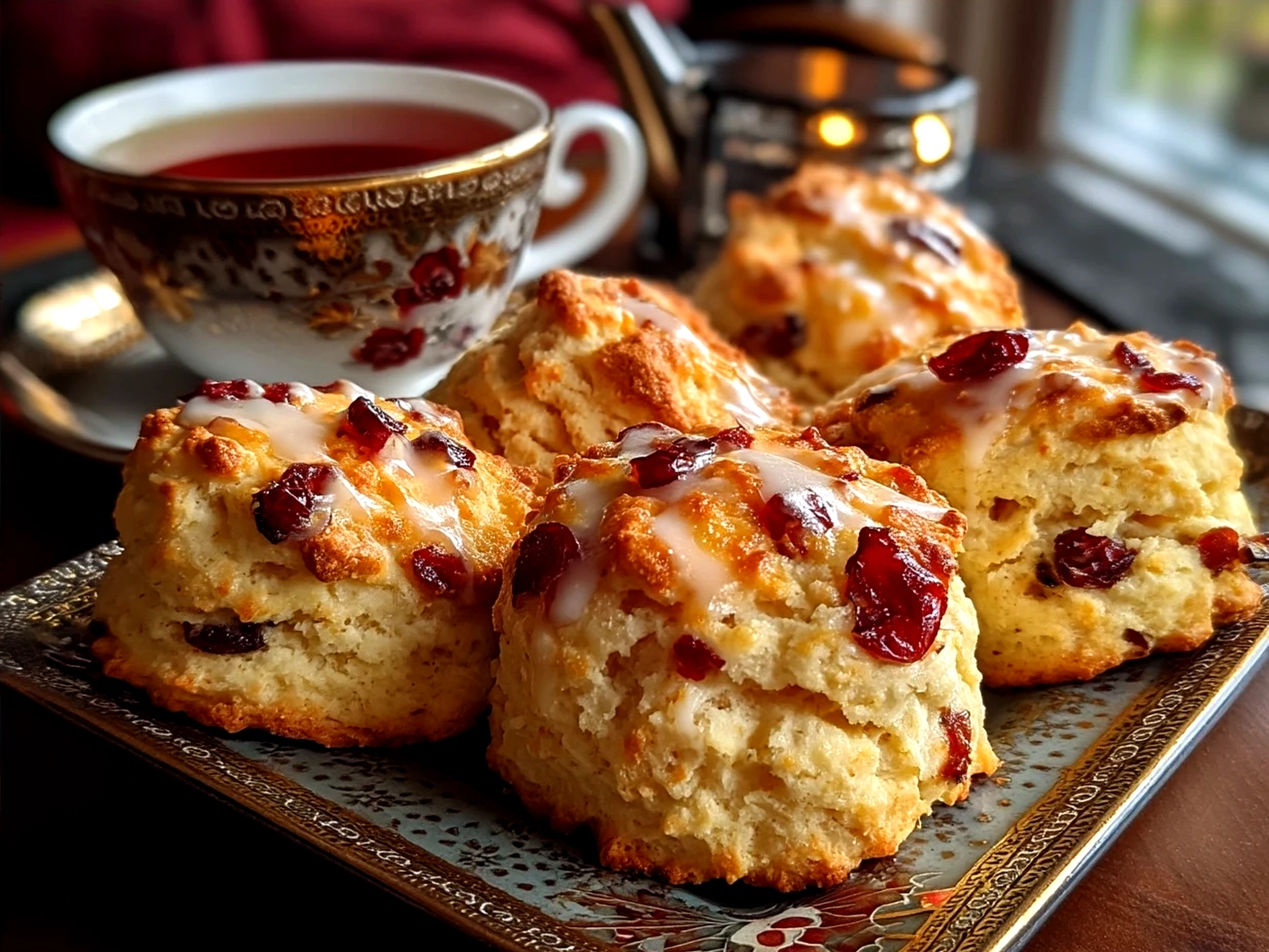 Freshly baked Cranberry Orange Scones served on a wooden board with orange slices and sprigs of rosemary