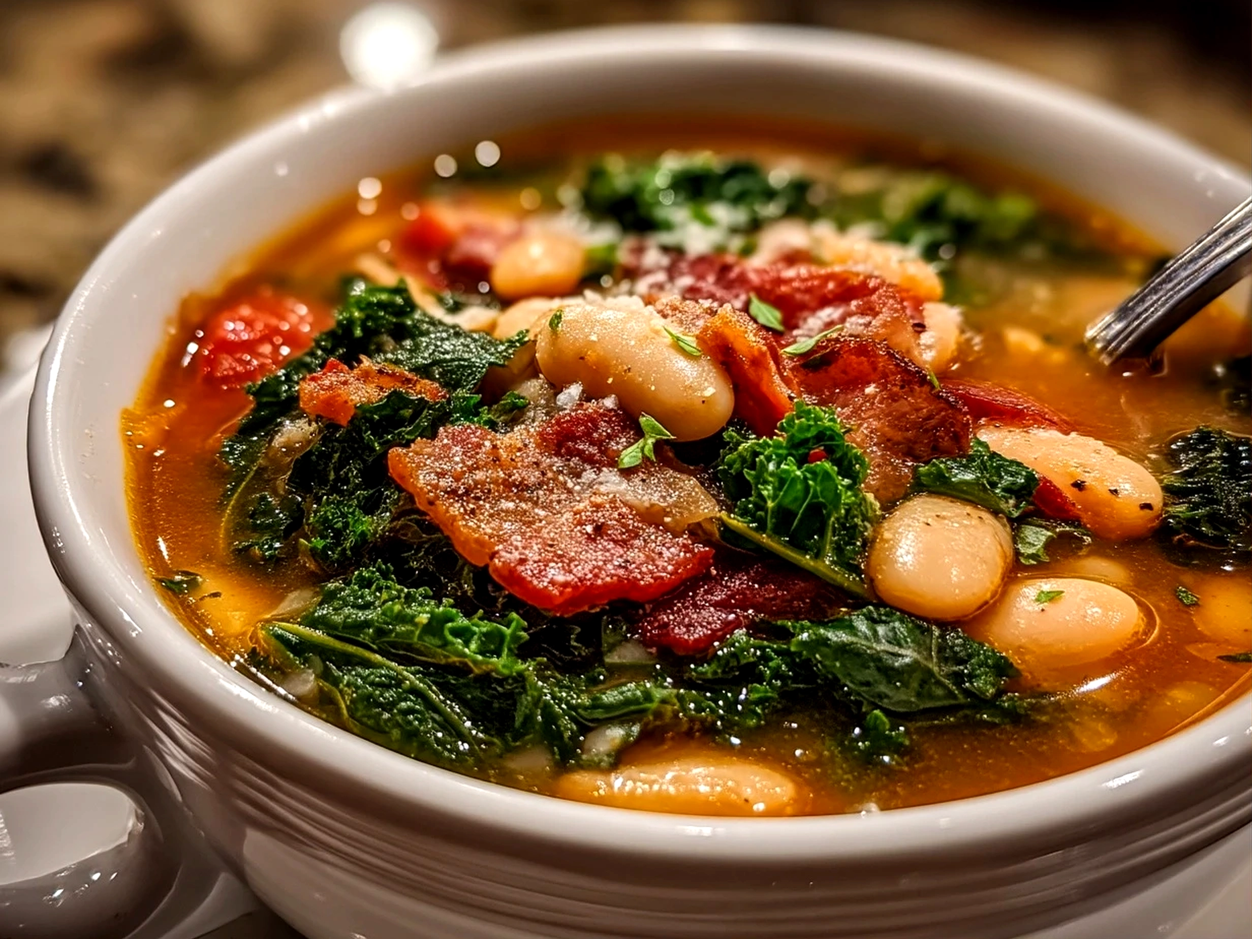 Finished bowl of White Bean Kale Soup with a shiny surface, natural shadows enhancing its comforting look