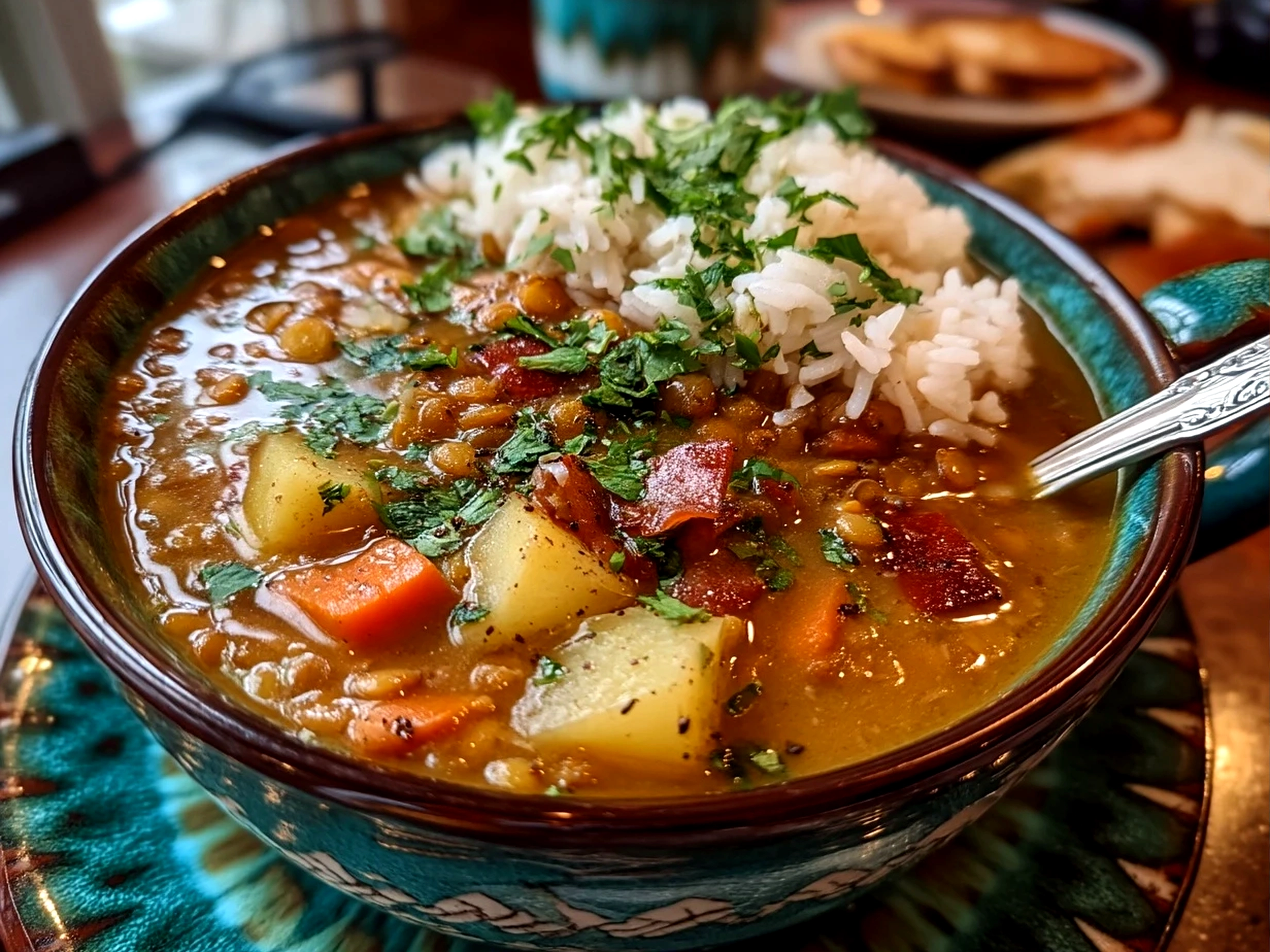 Finished comforting Coconut Curry Lentil Soup in a bowl garnished with fresh herbs and lime