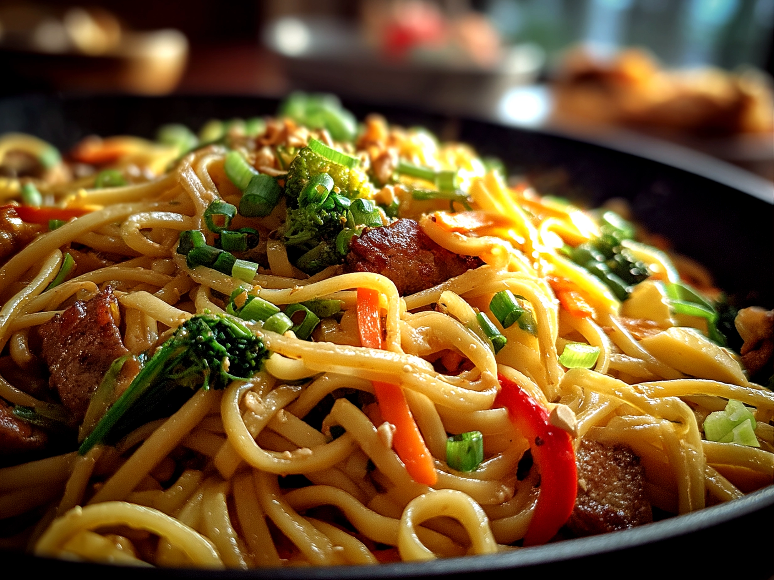 Close-up of a bowl of finished Peanut Noodles garnished with fresh herbs