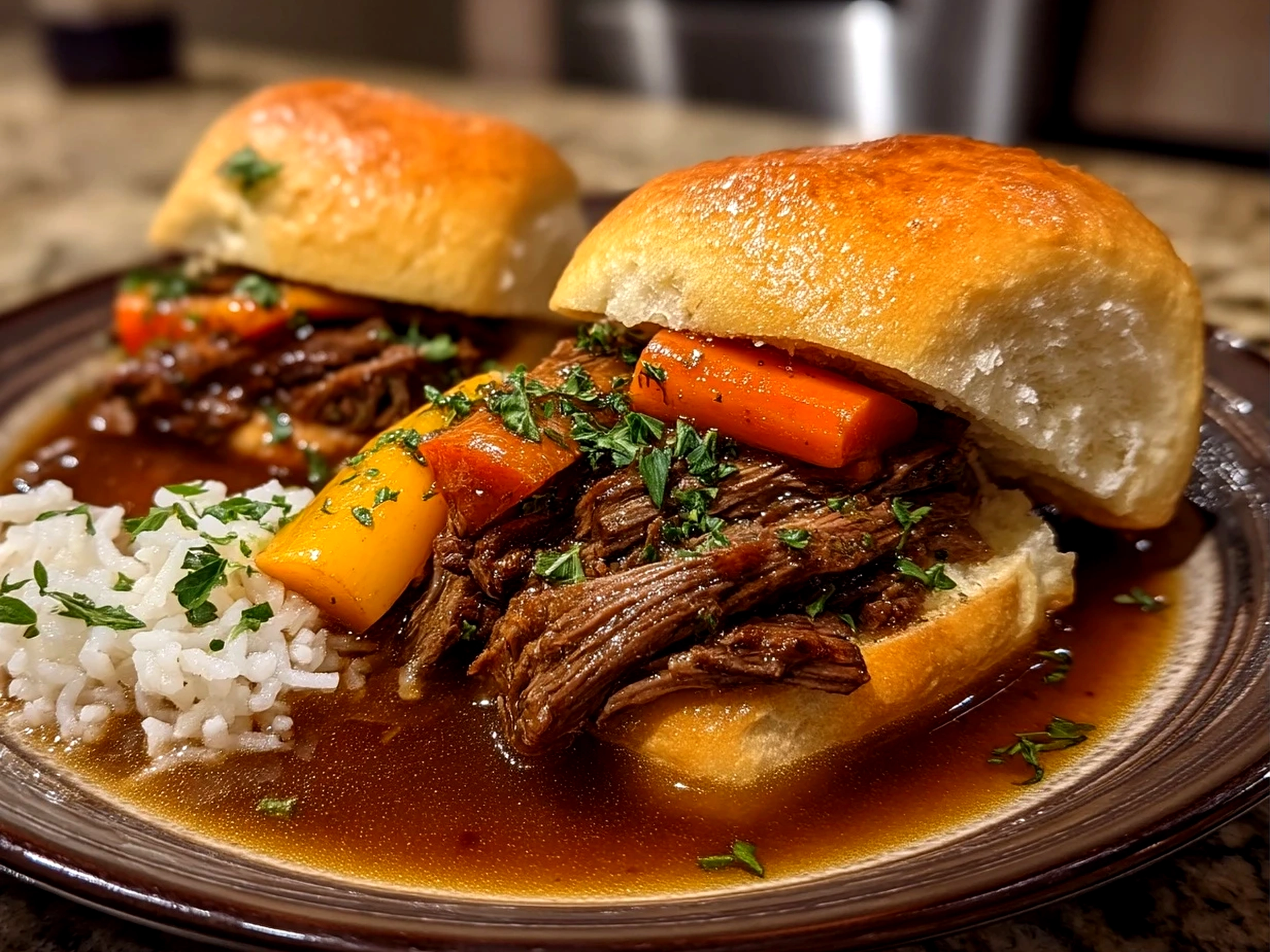 Delicious finished Slow Cooker Italian Beef Sandwiches served on toasted rolls with toppings