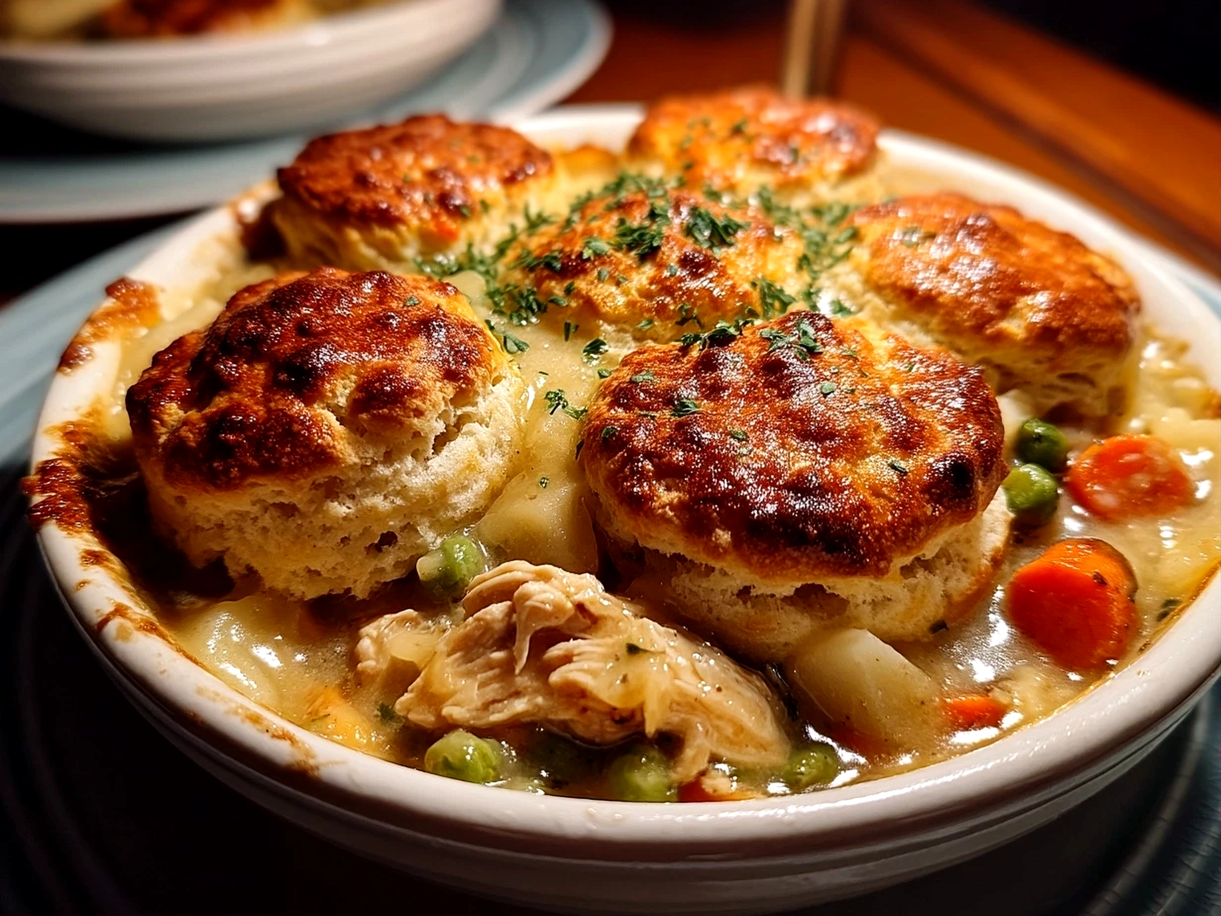 Close-up of a finished comforting Turkey Pot Pie with Biscuit Topping on a plate, highlighting the golden crust and creamy filling