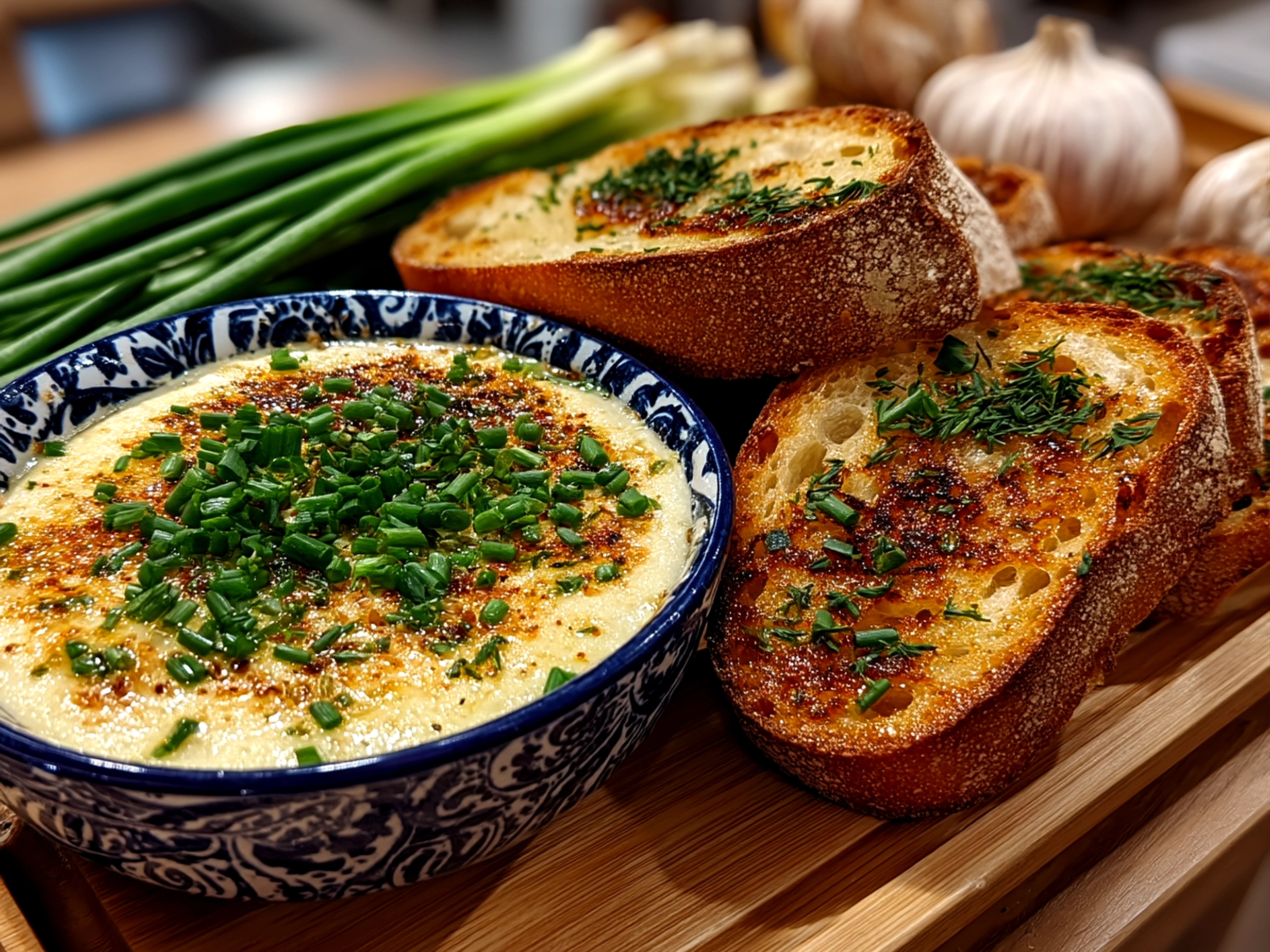 Freshly prepared French Onion Dip served in a ceramic bowl with herbs on top