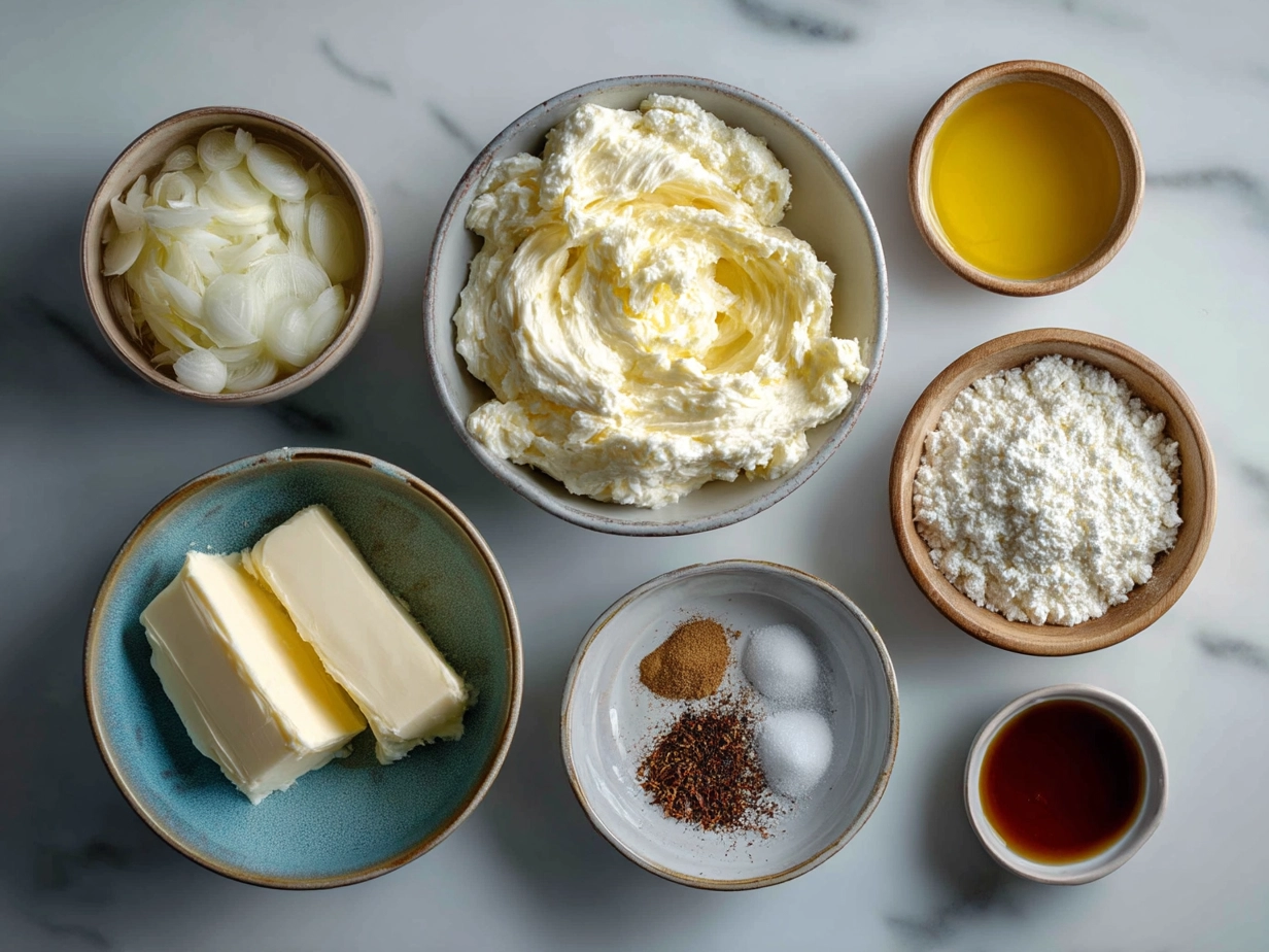 Ingredients for French Onion Dip thoughtfully arranged on a wooden surface