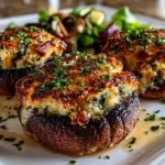 Freshly prepared baked stuffed portobello mushrooms