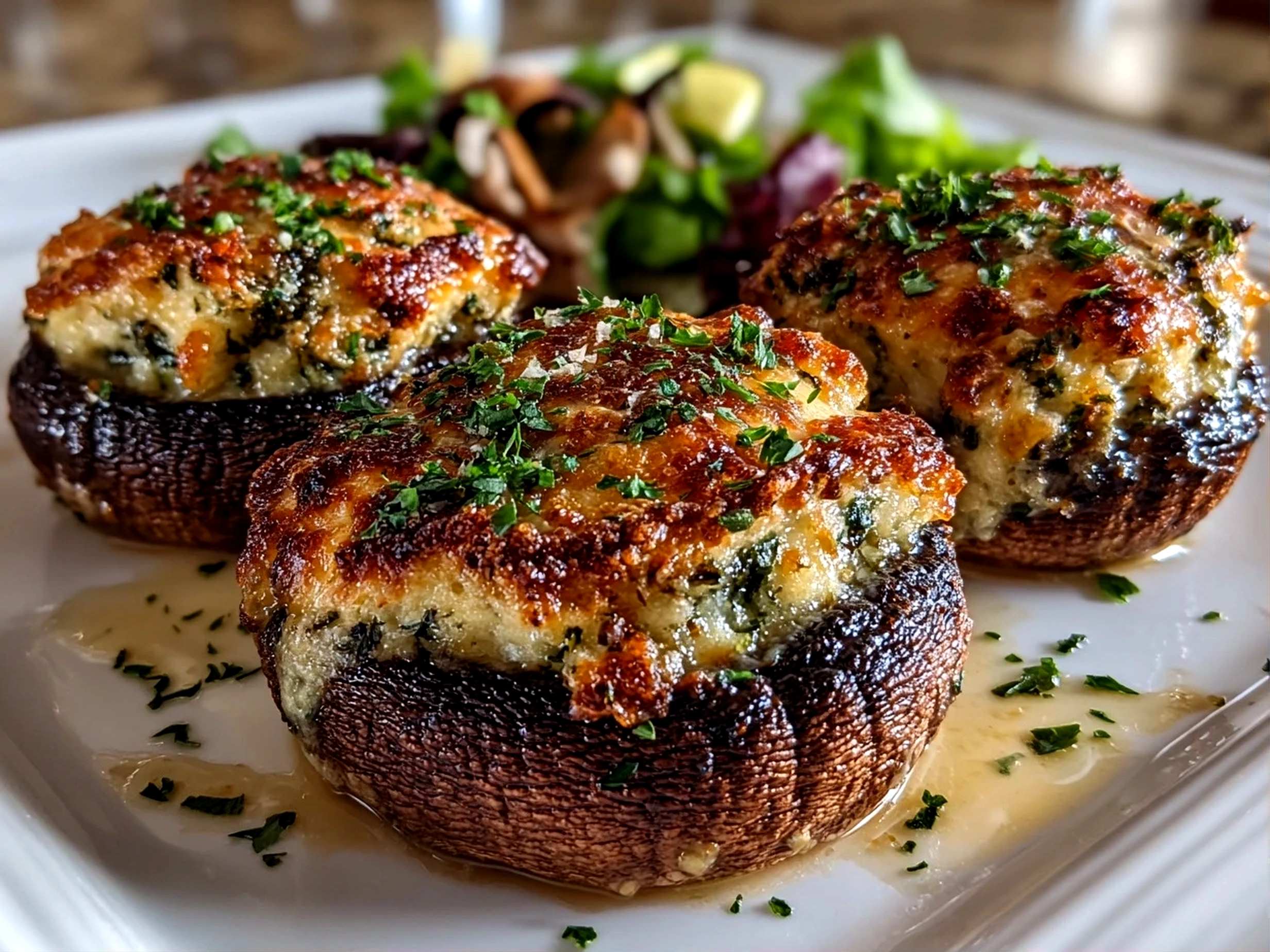 Freshly prepared baked stuffed portobello mushrooms