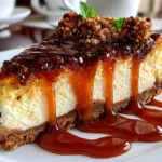 Freshly prepared caramel chocolate coffee cheesecake slice on white plate