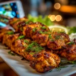 Freshly prepared chicken kebabs on white plate