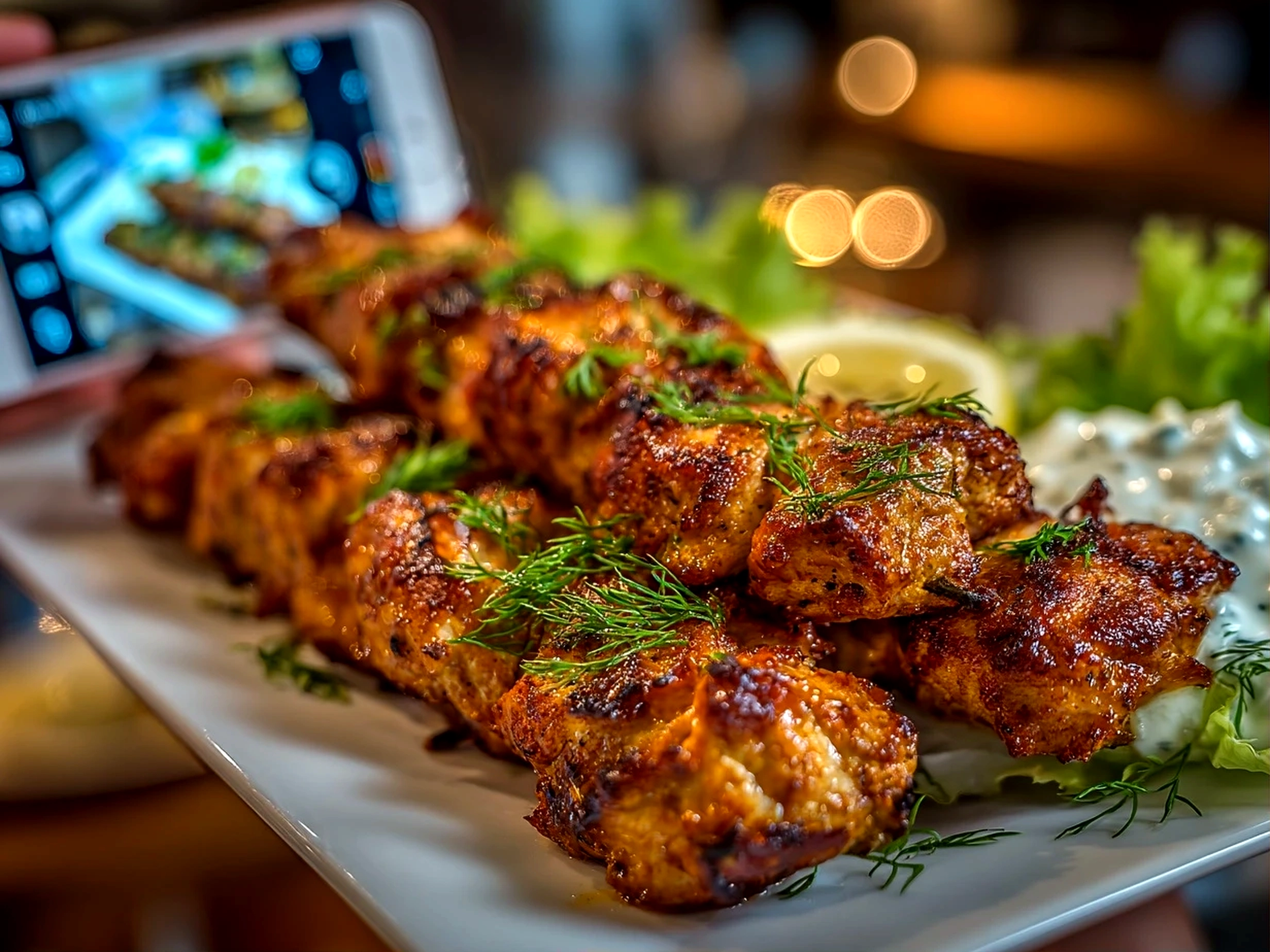 Freshly prepared chicken kebabs on white plate