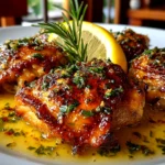 Freshly prepared citrus chicken thighs on white plate