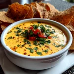 Freshly prepared creamy queso on white plate