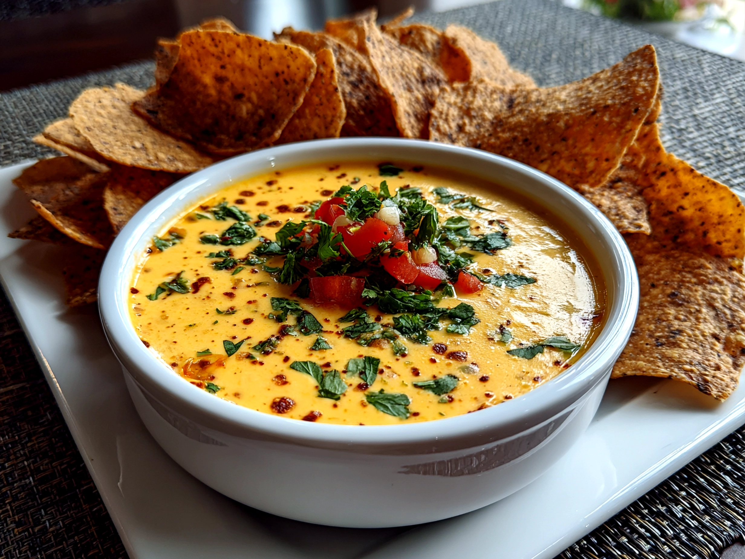 Freshly prepared creamy queso on white plate