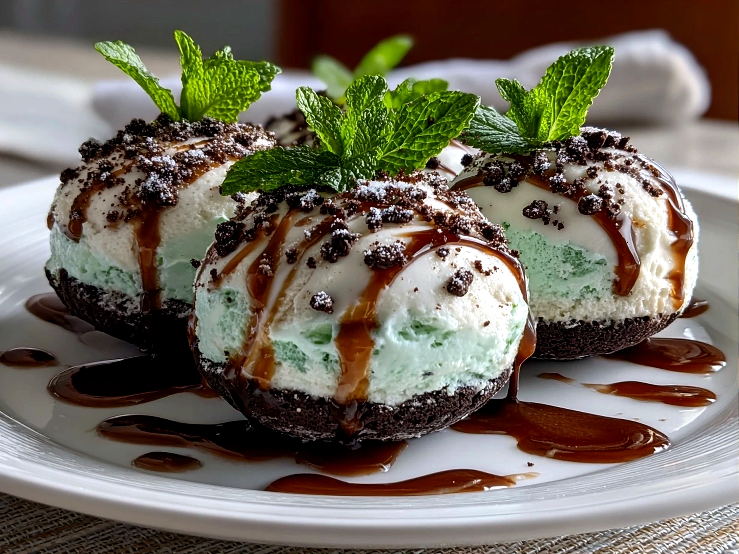 Freshly prepared Mint Oreo Parfaits in clear glass cups