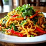 Freshly prepared peanut noodles served on a white plate