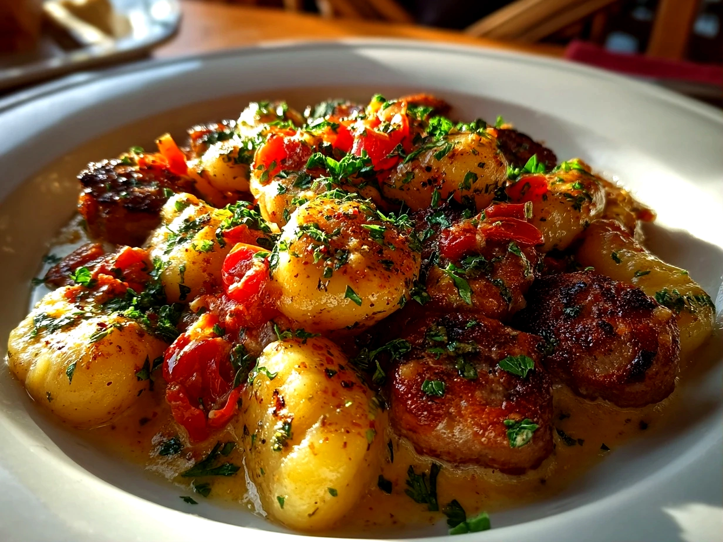 Freshly prepared Sausage Gnocchi on clean counter
