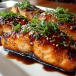 Freshly prepared Sheet Pan Teriyaki Salmon on white plate