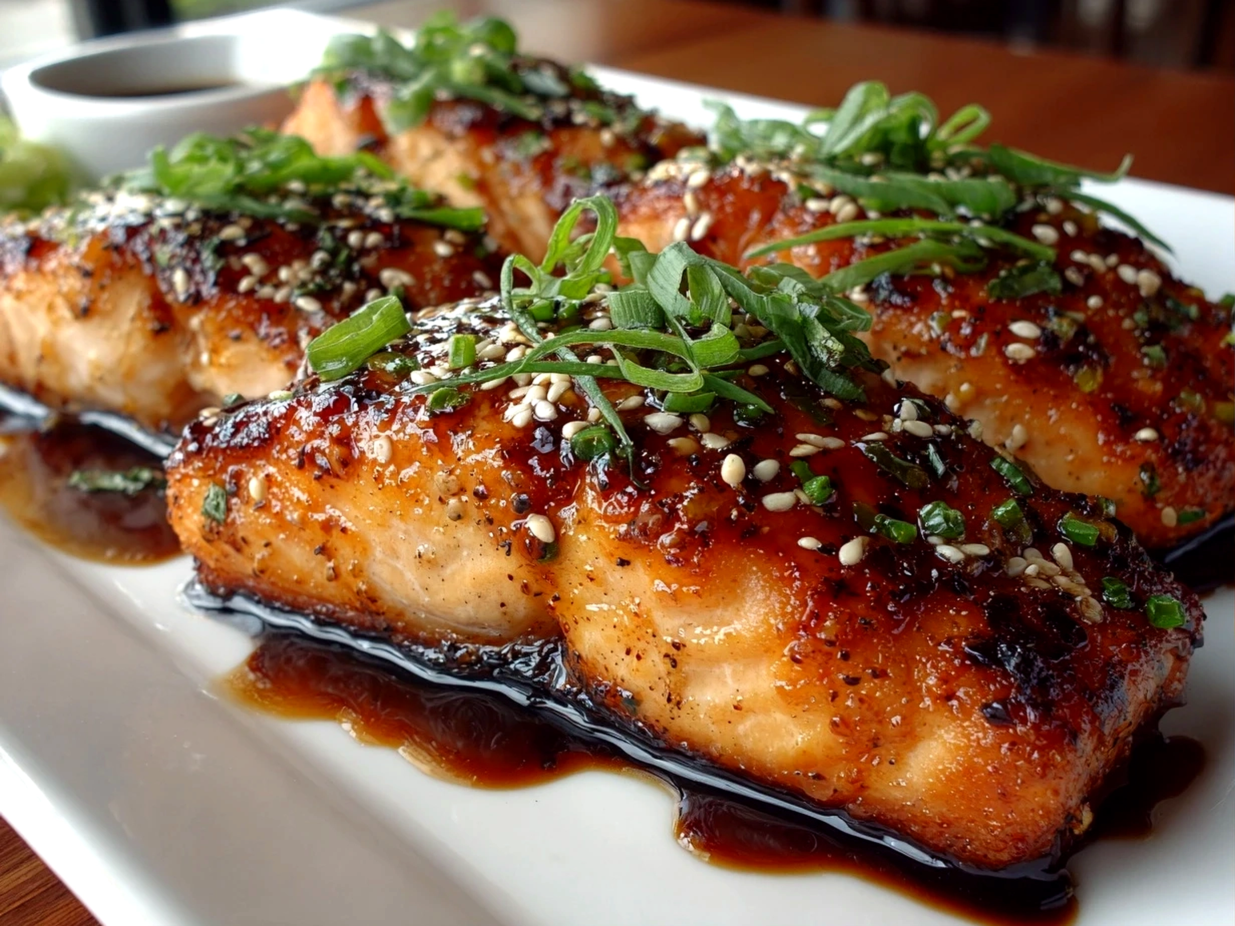 Freshly prepared Sheet Pan Teriyaki Salmon on white plate