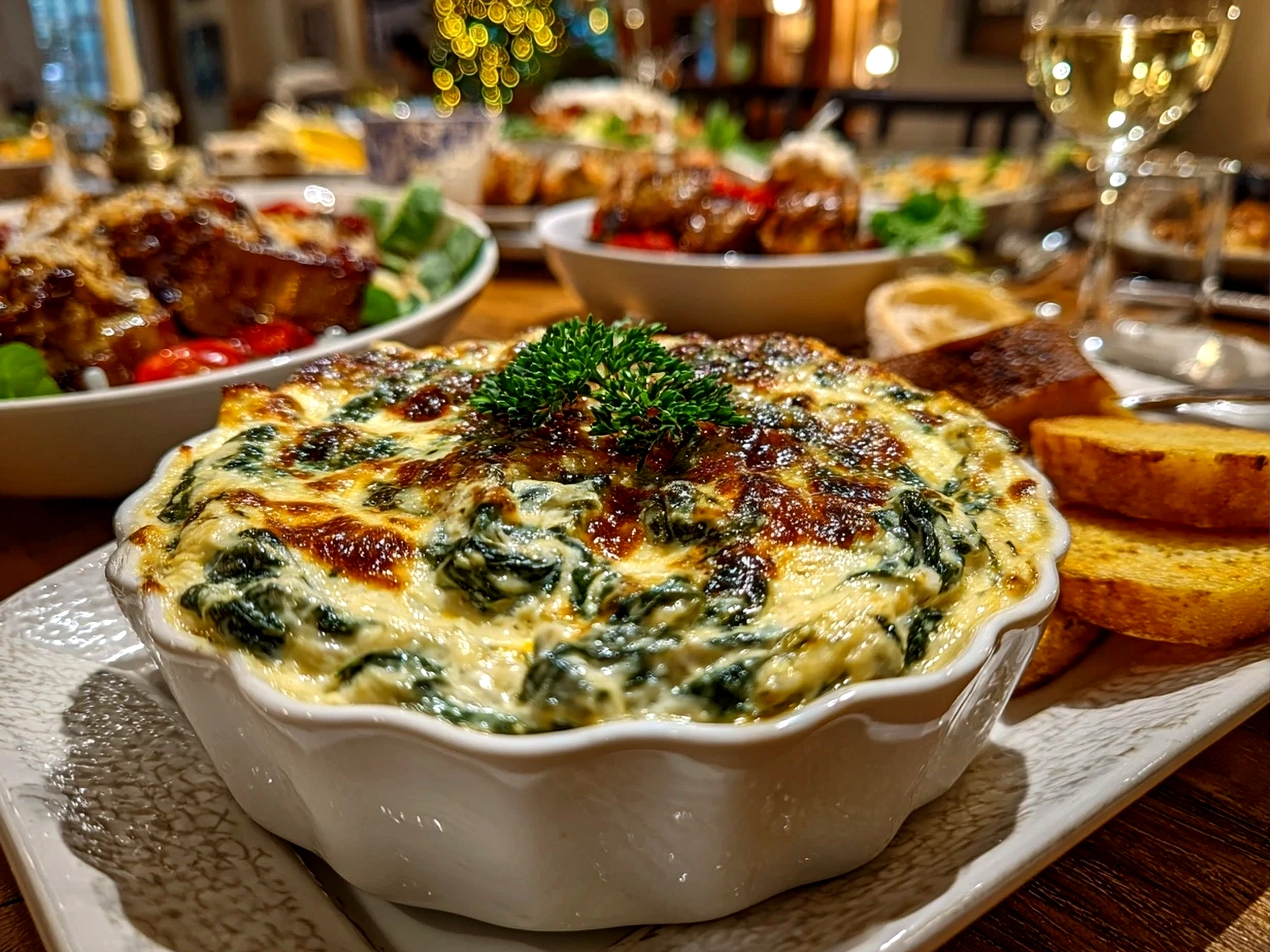Freshly prepared Spinach Artichoke Dip on white plate