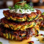 Freshly prepared zucchini fritter stack on a white plate