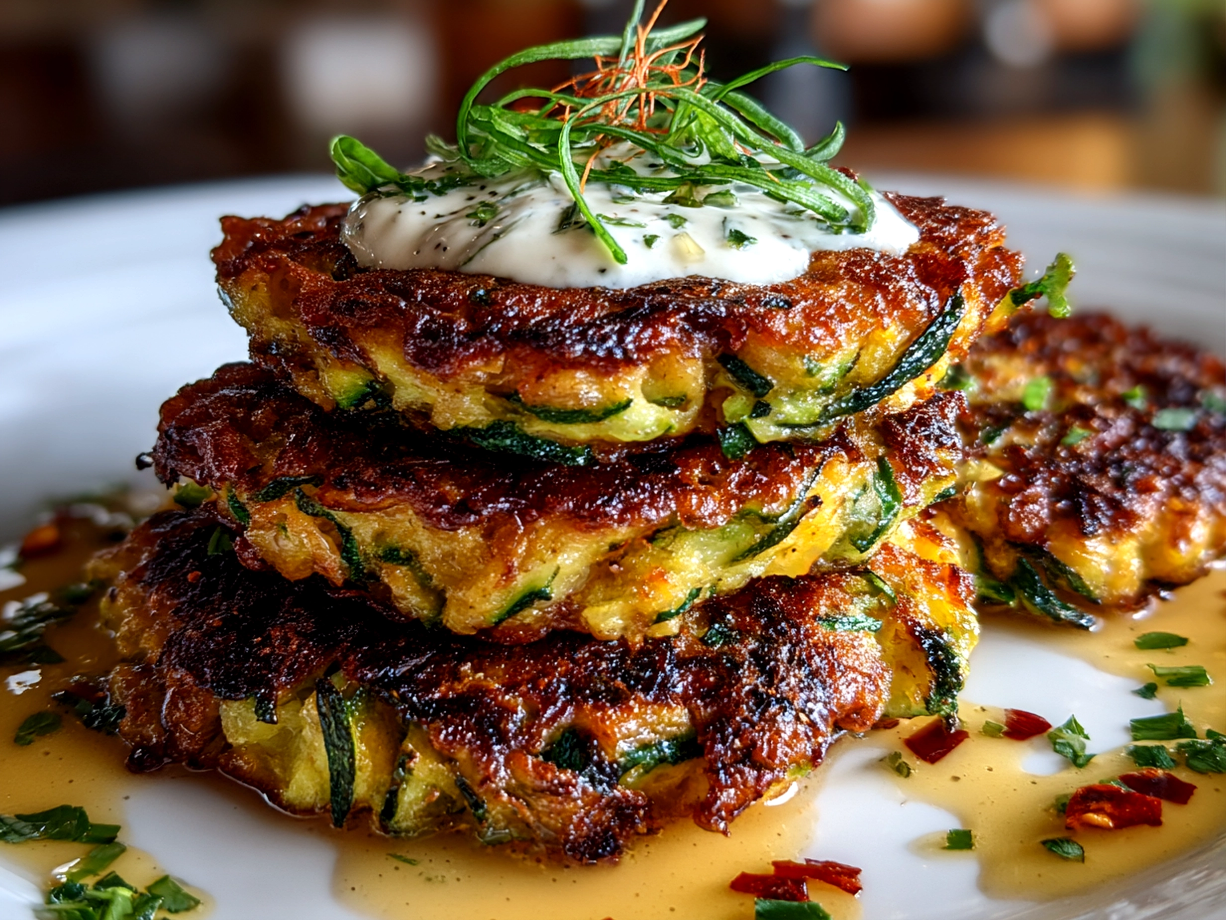 Freshly prepared zucchini fritter stack on a white plate