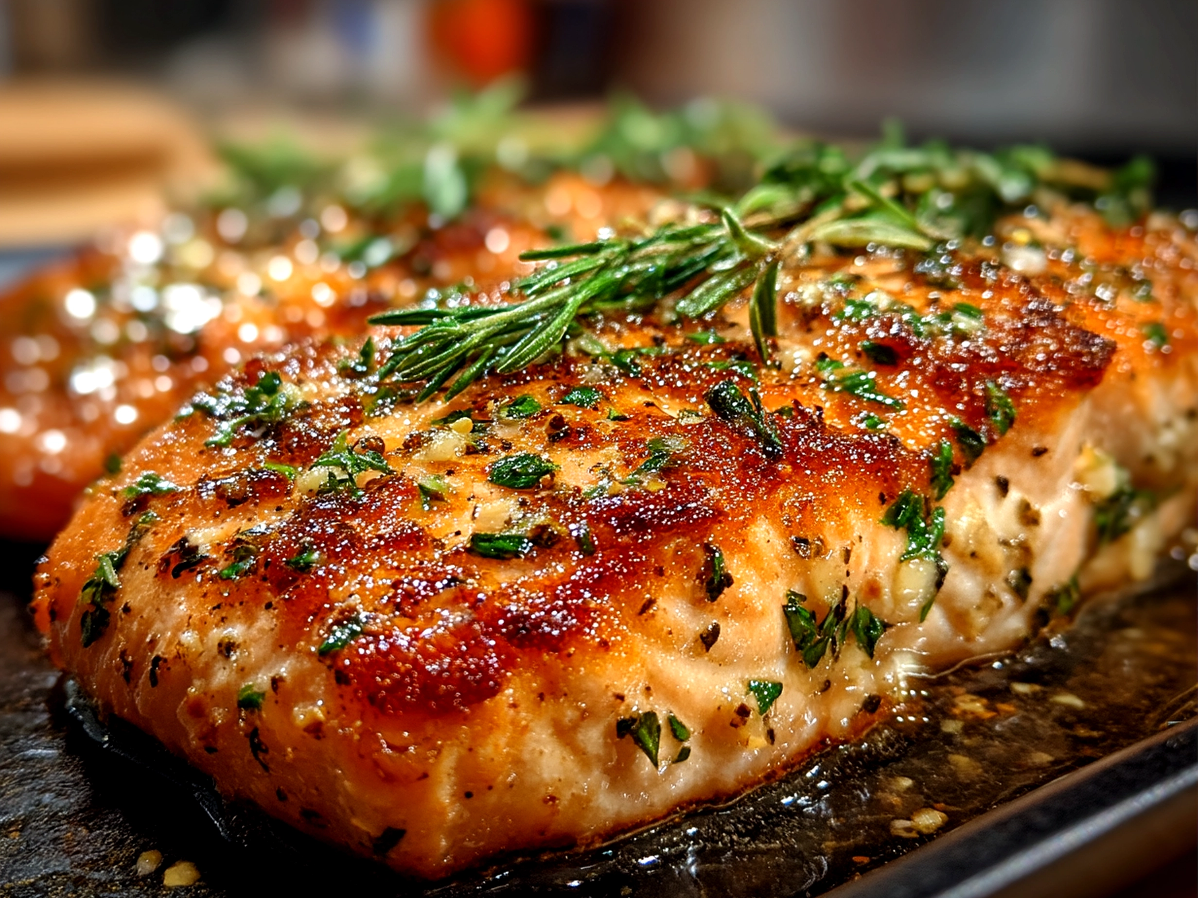 Plated Garlic Butter Salmon with side vegetables and a lemon wedge, ready to serve