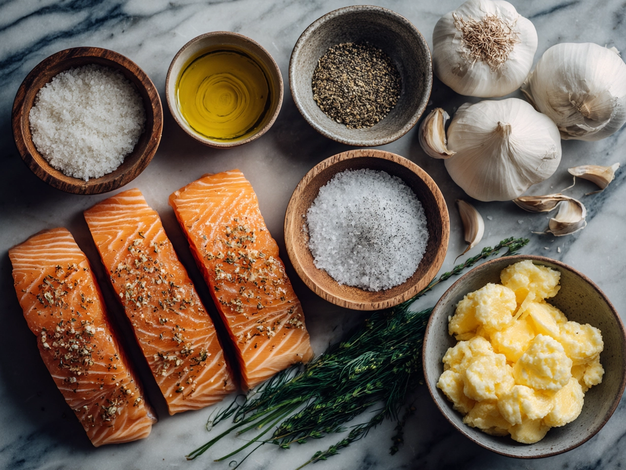 Ingredients for Garlic Butter Salmon laid out on a wooden board, including salmon fillets, garlic, butter, lemon, and parsley