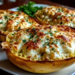 Home cook, taken with iPhone 14 Pro. Close-up slight angle of comforting spaghetti squash alfredo boats on white plate. Mouthwatering --ar 4:3 --style raw --s 245