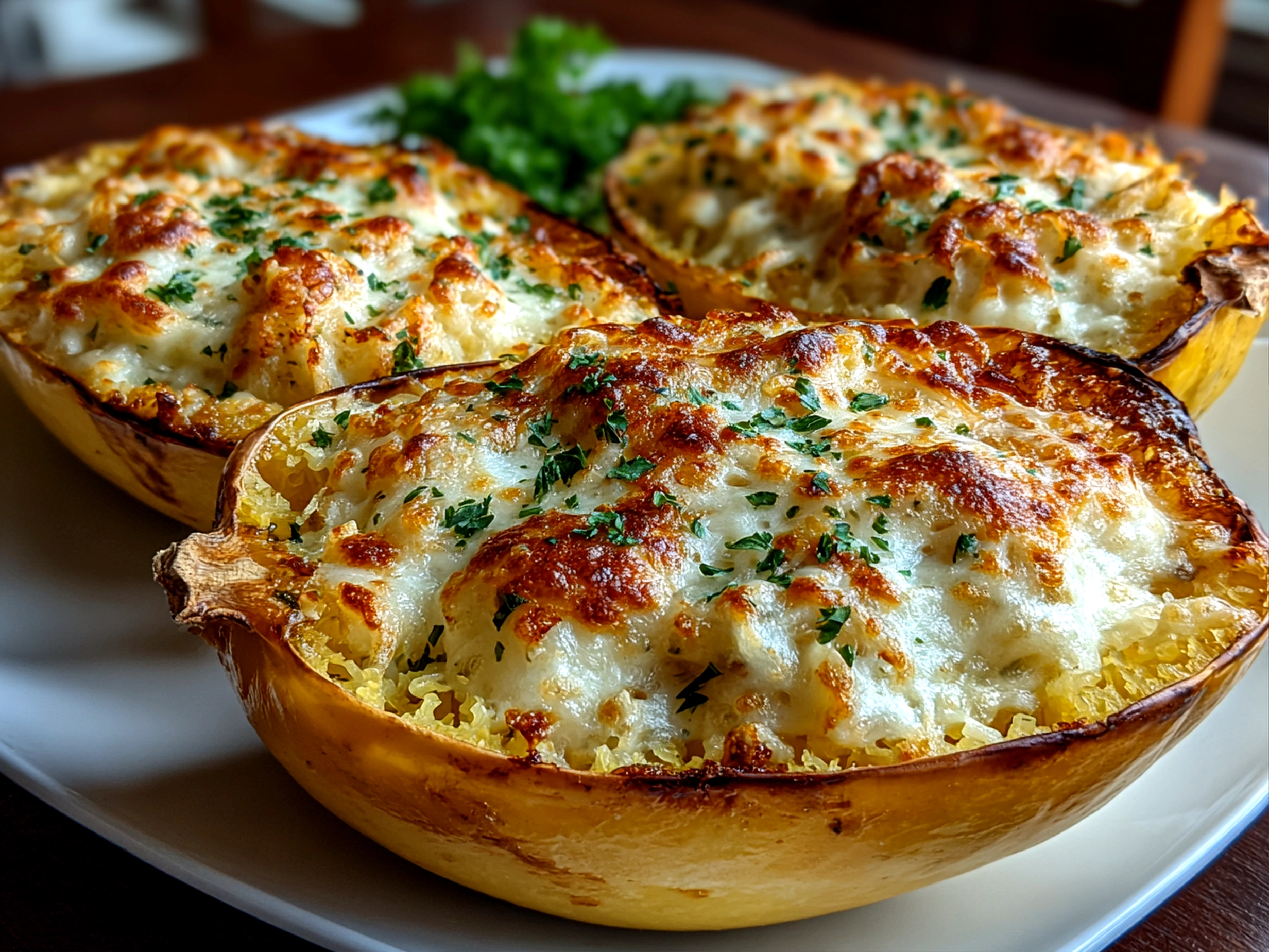 Home cook, taken with iPhone 14 Pro. Close-up slight angle of comforting spaghetti squash alfredo boats on white plate. Mouthwatering --ar 4:3 --style raw --s 245