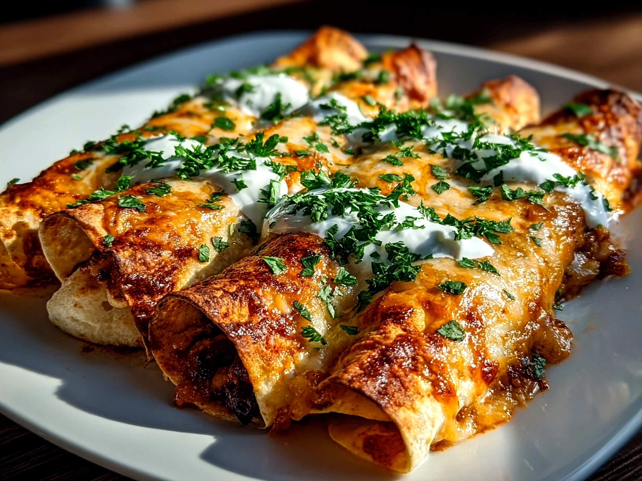 Home cook, taken with iPhone 14 Pro. Close-up slight angle of freshly prepared Sweet Potato Black Bean Enchiladas on white plate. Warm appetizing --ar 4:3 --style raw --s 250